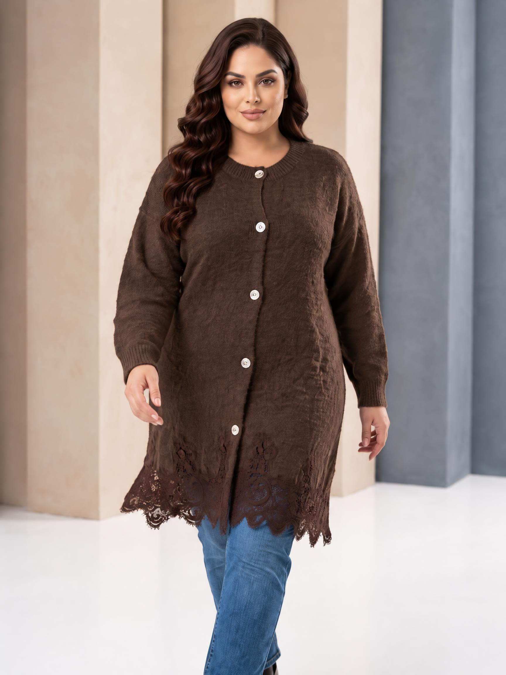 Cardigan maxi delicat în nuanță de maro cu dantelă fină