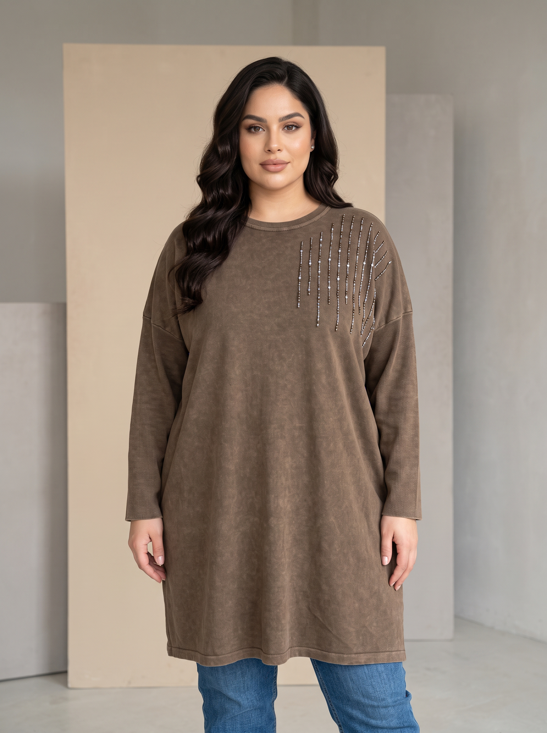 Tunică lungă din bumbac cu strălucire delicată culoare mocha