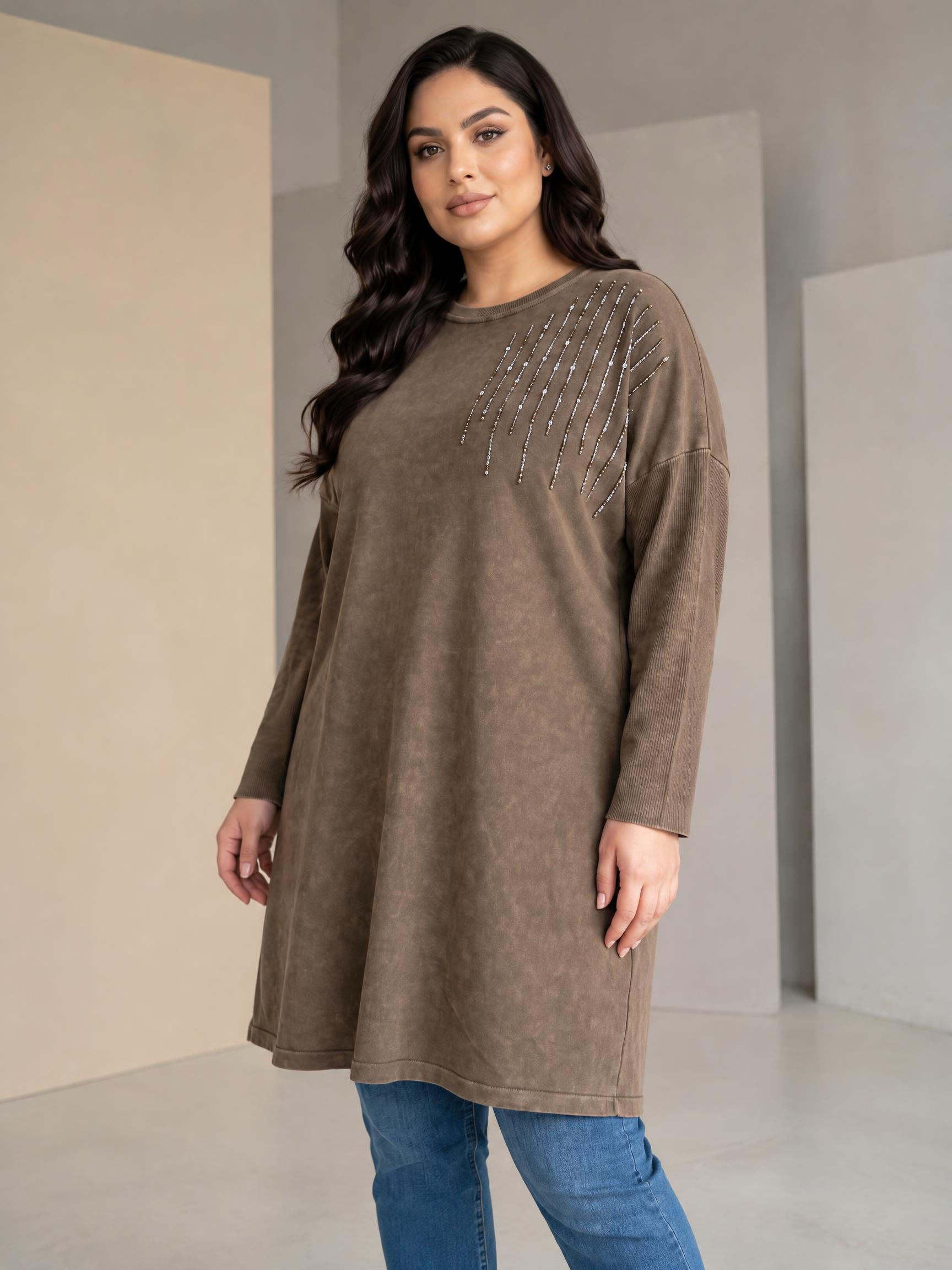Tunică lungă din bumbac cu strălucire delicată culoare mocha