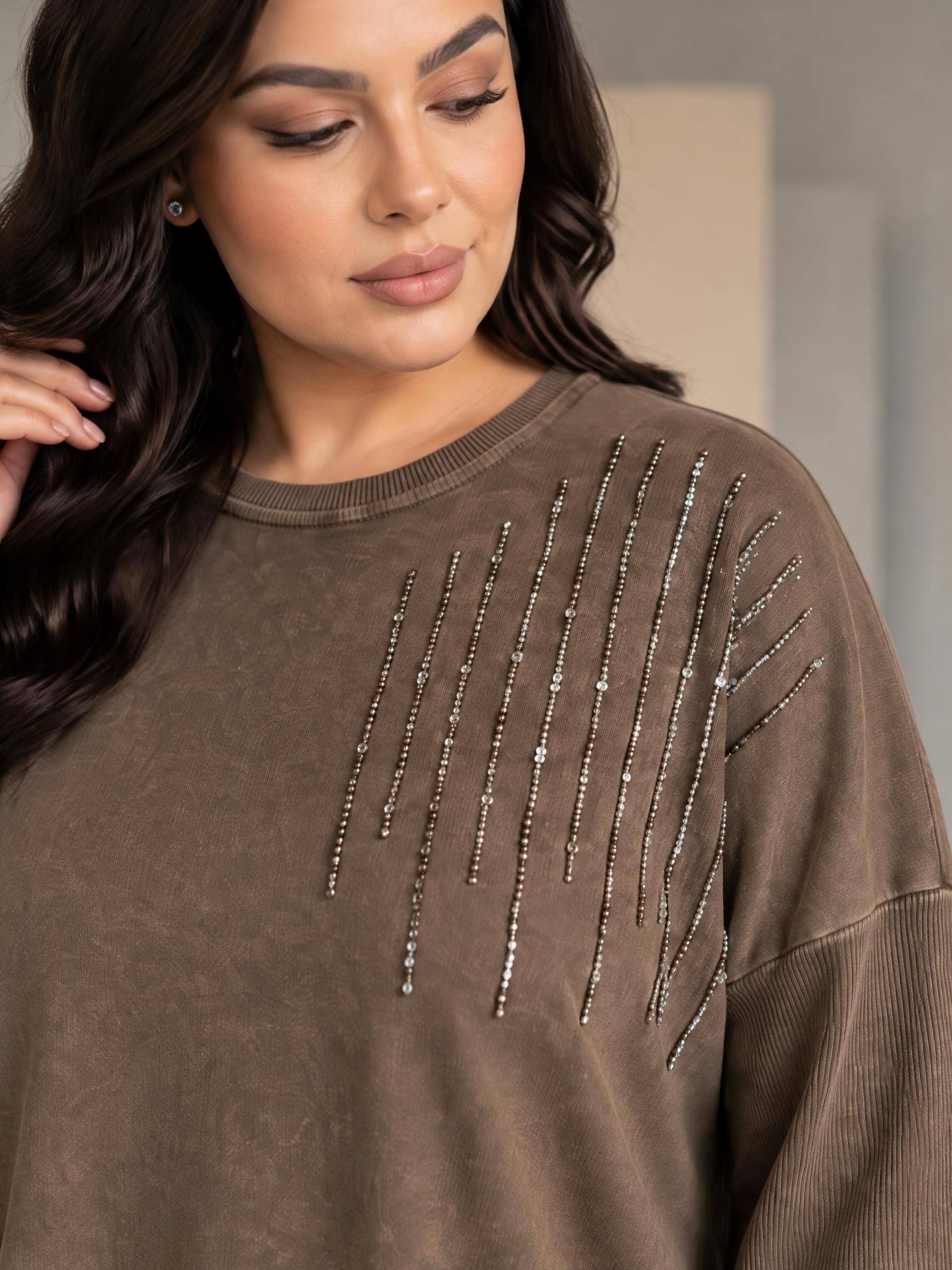Tunică lungă din bumbac cu strălucire delicată culoare mocha