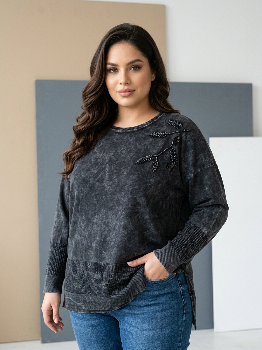 Bluză maxi culoare grafit din bumbac cu tricot fin