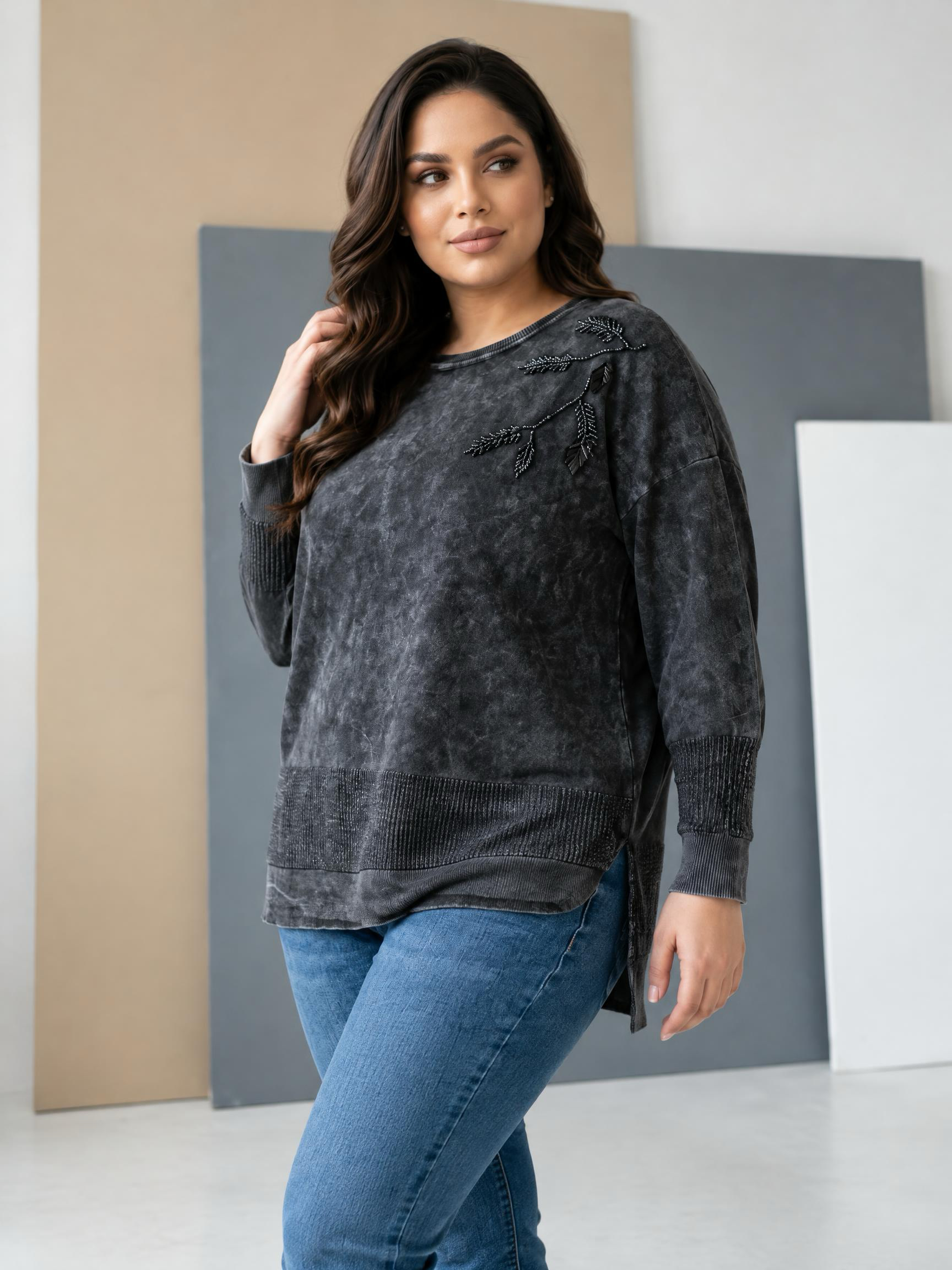Bluză maxi culoare grafit din bumbac cu tricot fin