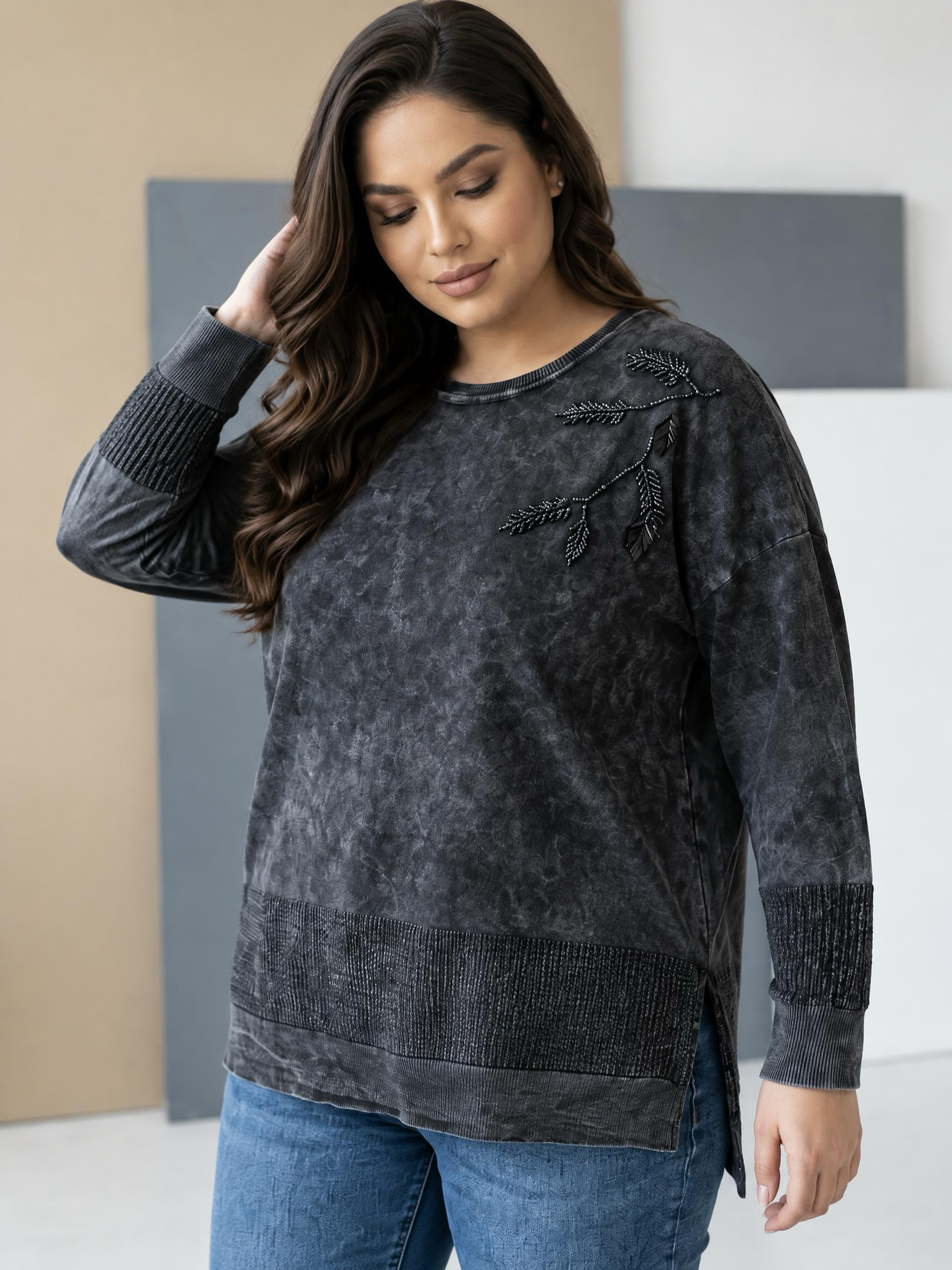 Bluză maxi culoare grafit din bumbac cu tricot fin