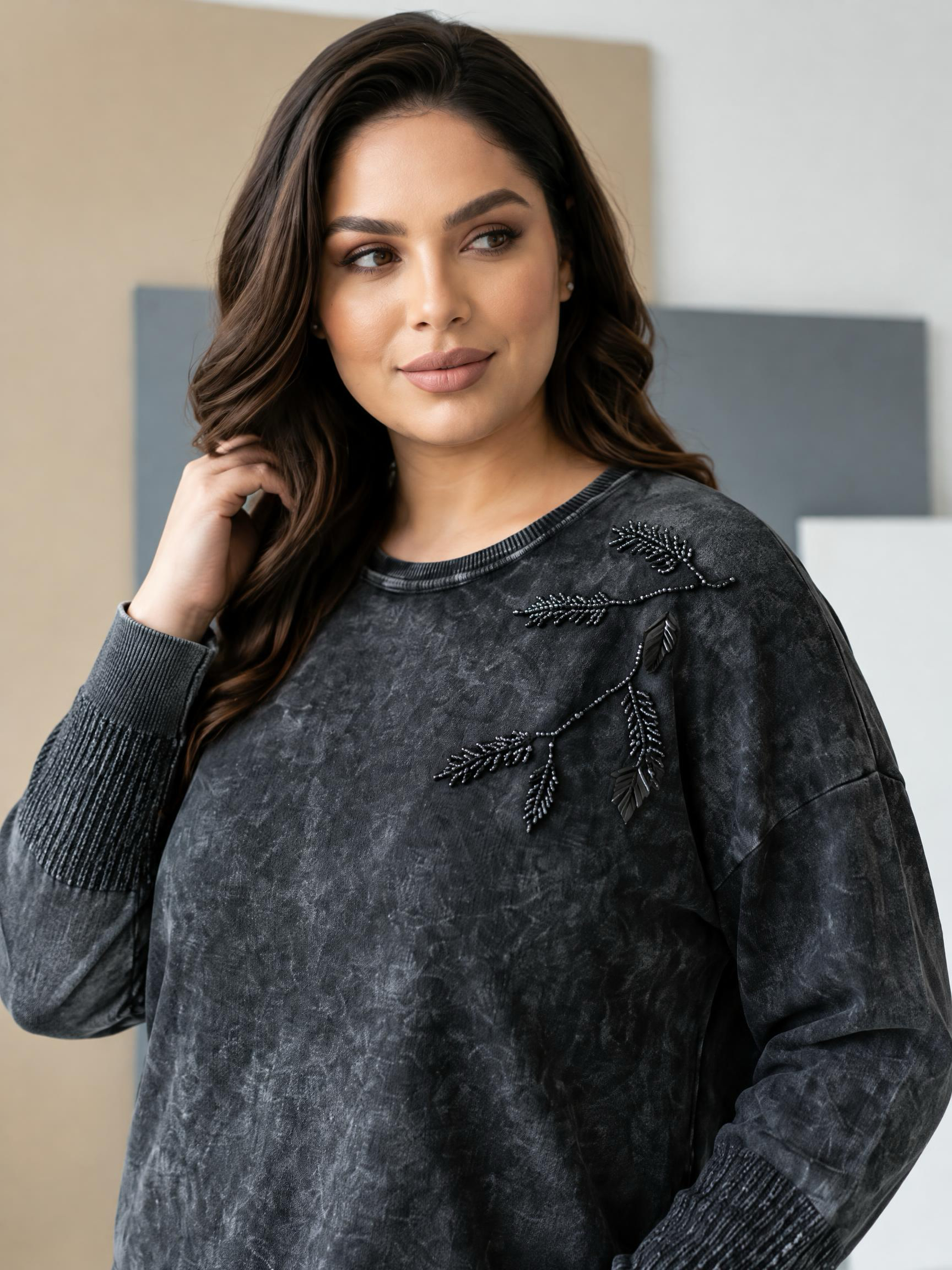 Bluză maxi culoare grafit din bumbac cu tricot fin