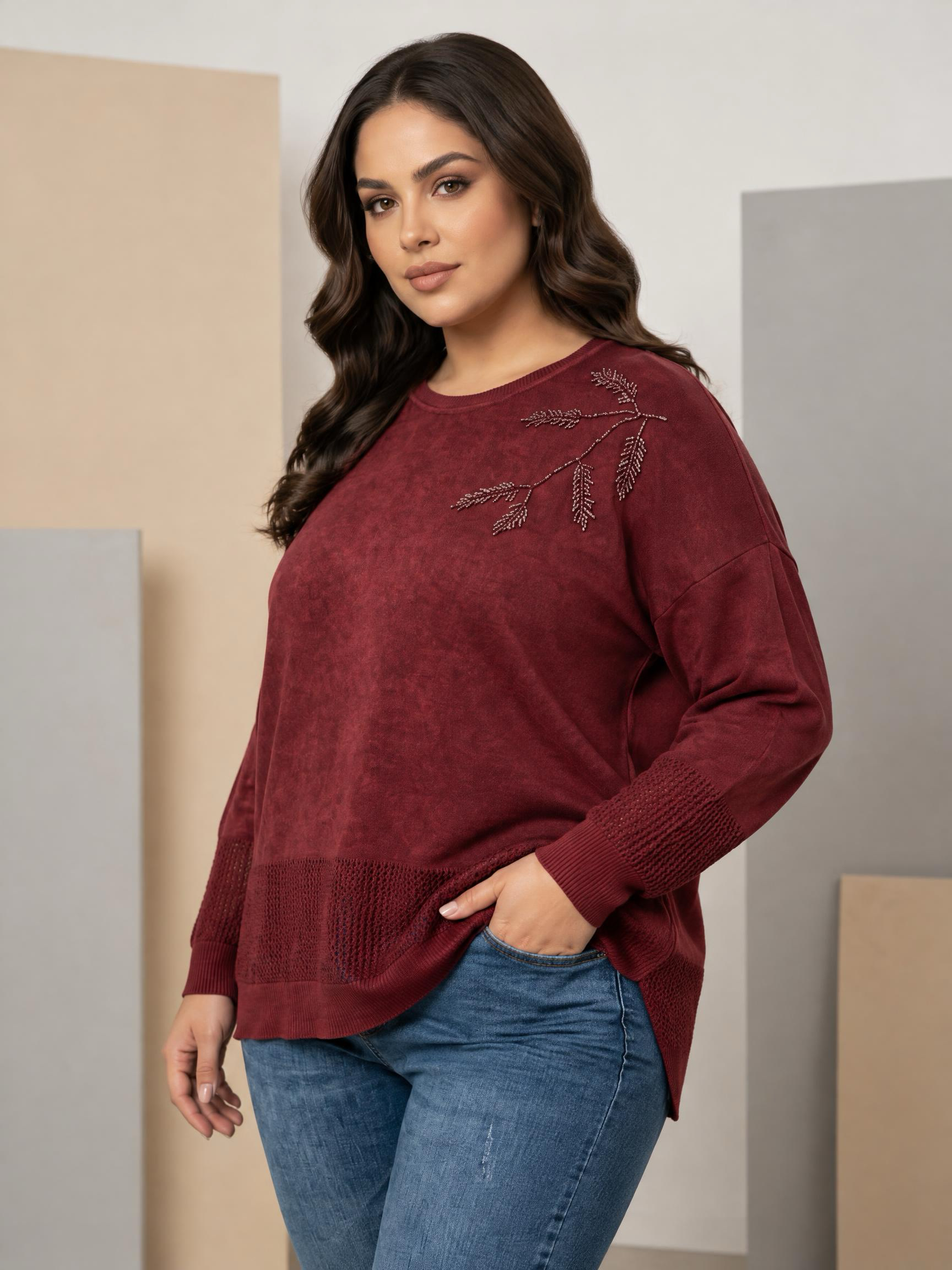 Bluză maxi culoare bordo din bumbac cu tricot fin