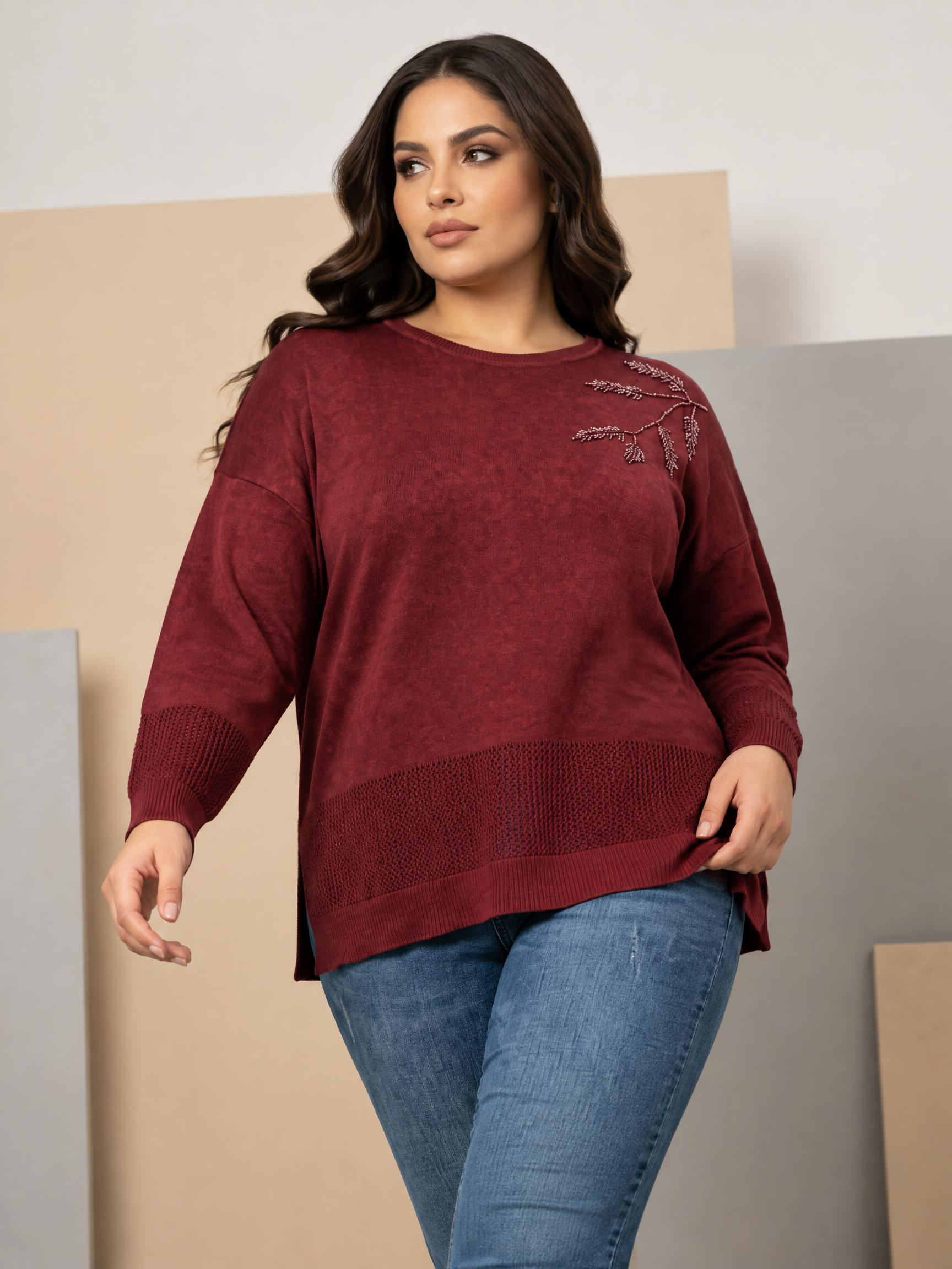 Bluză maxi culoare bordo din bumbac cu tricot fin