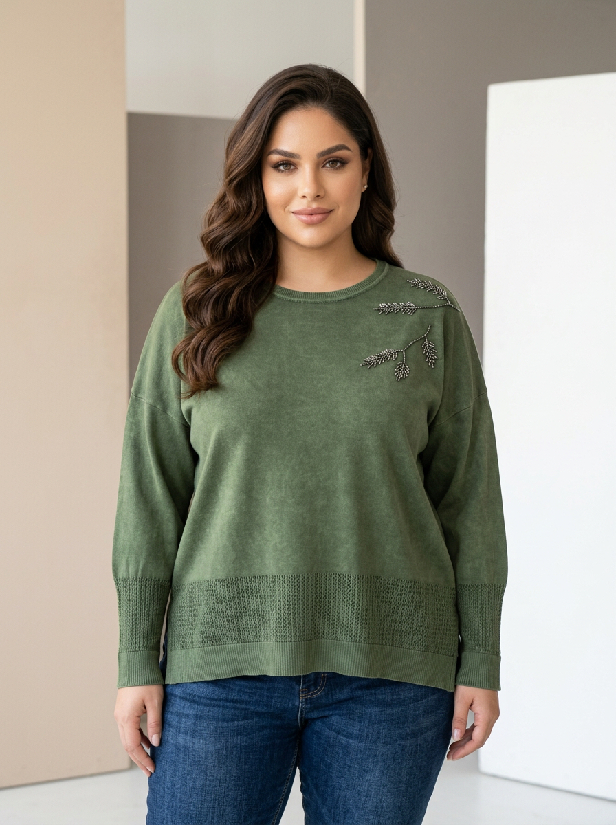 Bluză maxi verde din bumbac cu tricot fin