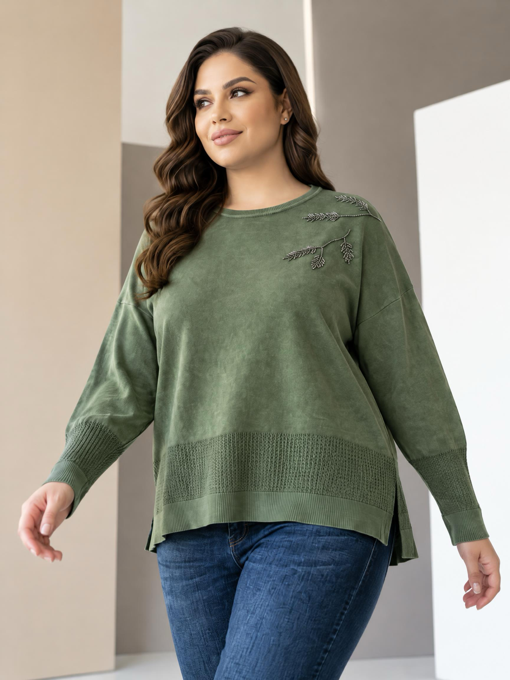 Bluză maxi verde din bumbac cu tricot fin