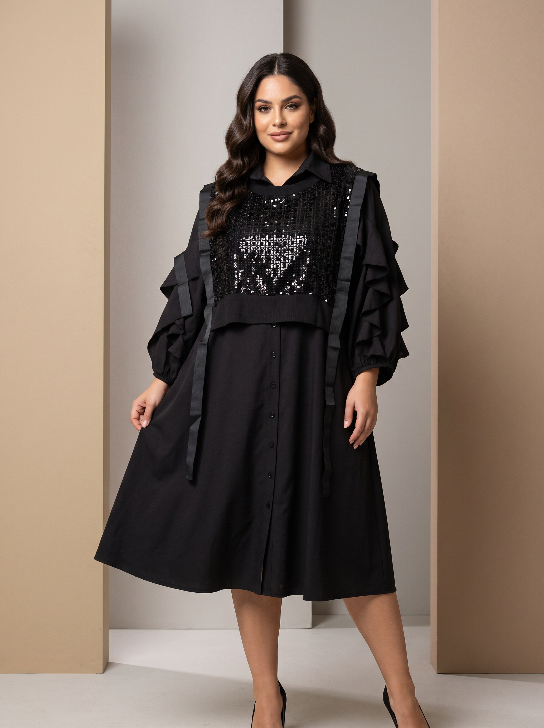 Rochie neagră evazată cu paiete în stil designer