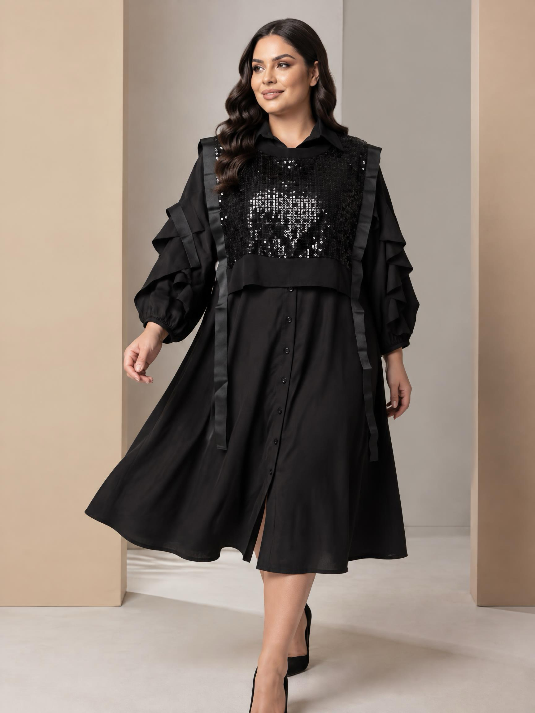 Rochie neagră evazată cu paiete în stil designer
