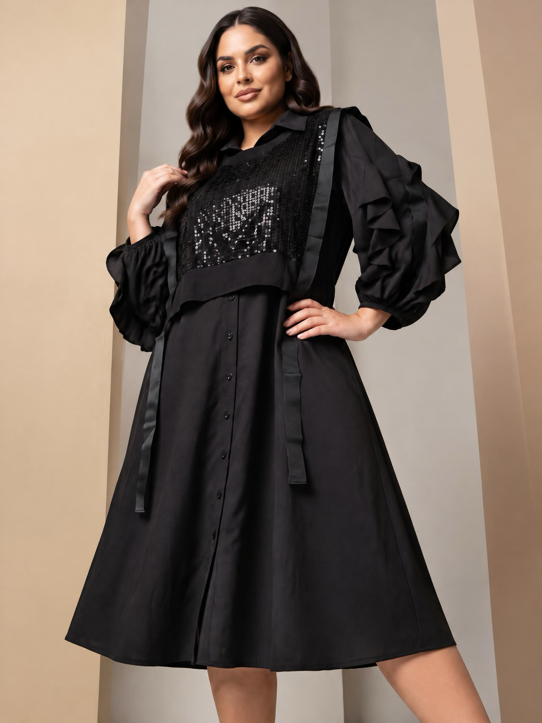 Rochie neagră evazată cu paiete în stil designer