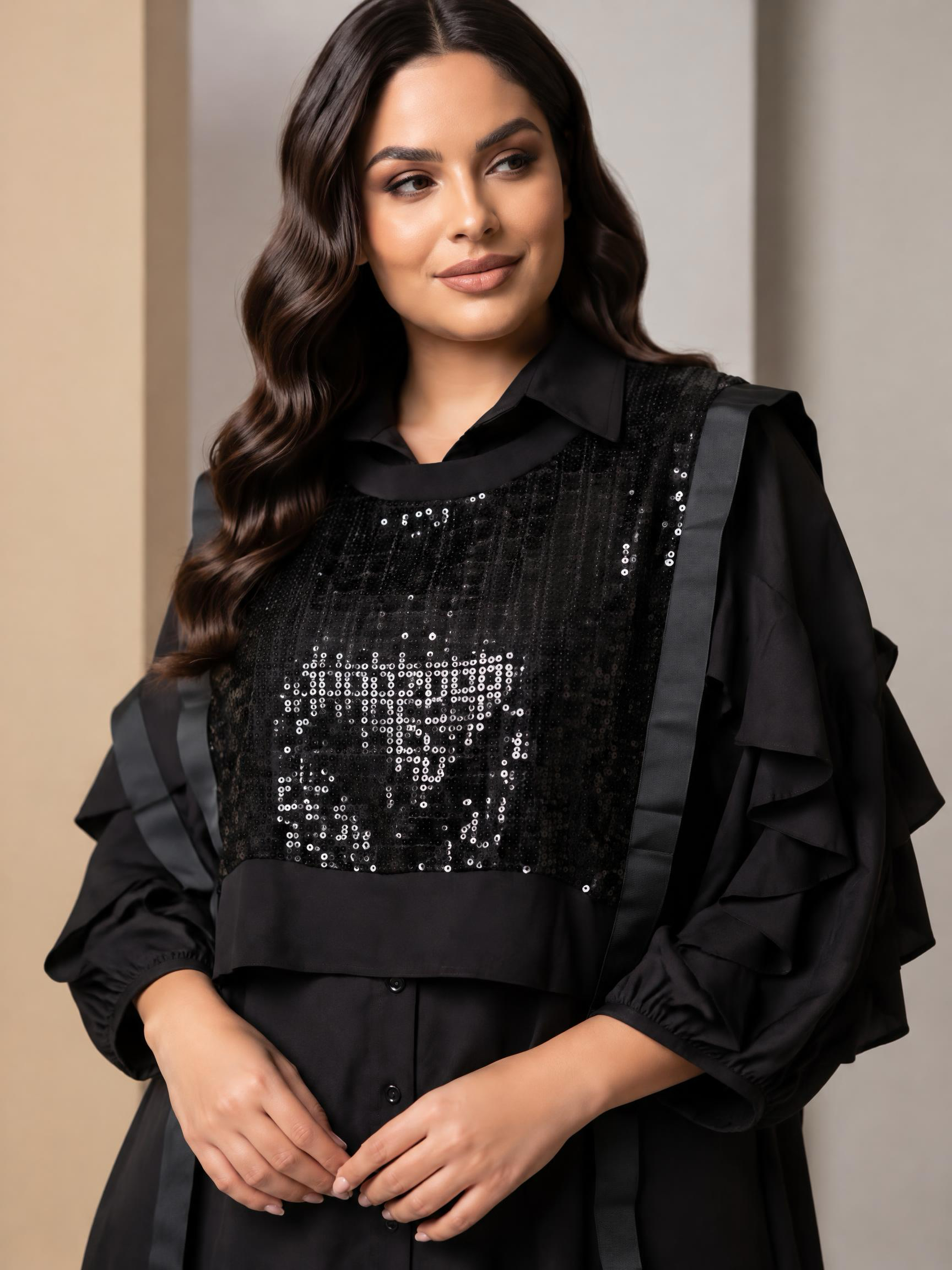 Rochie neagră evazată cu paiete în stil designer