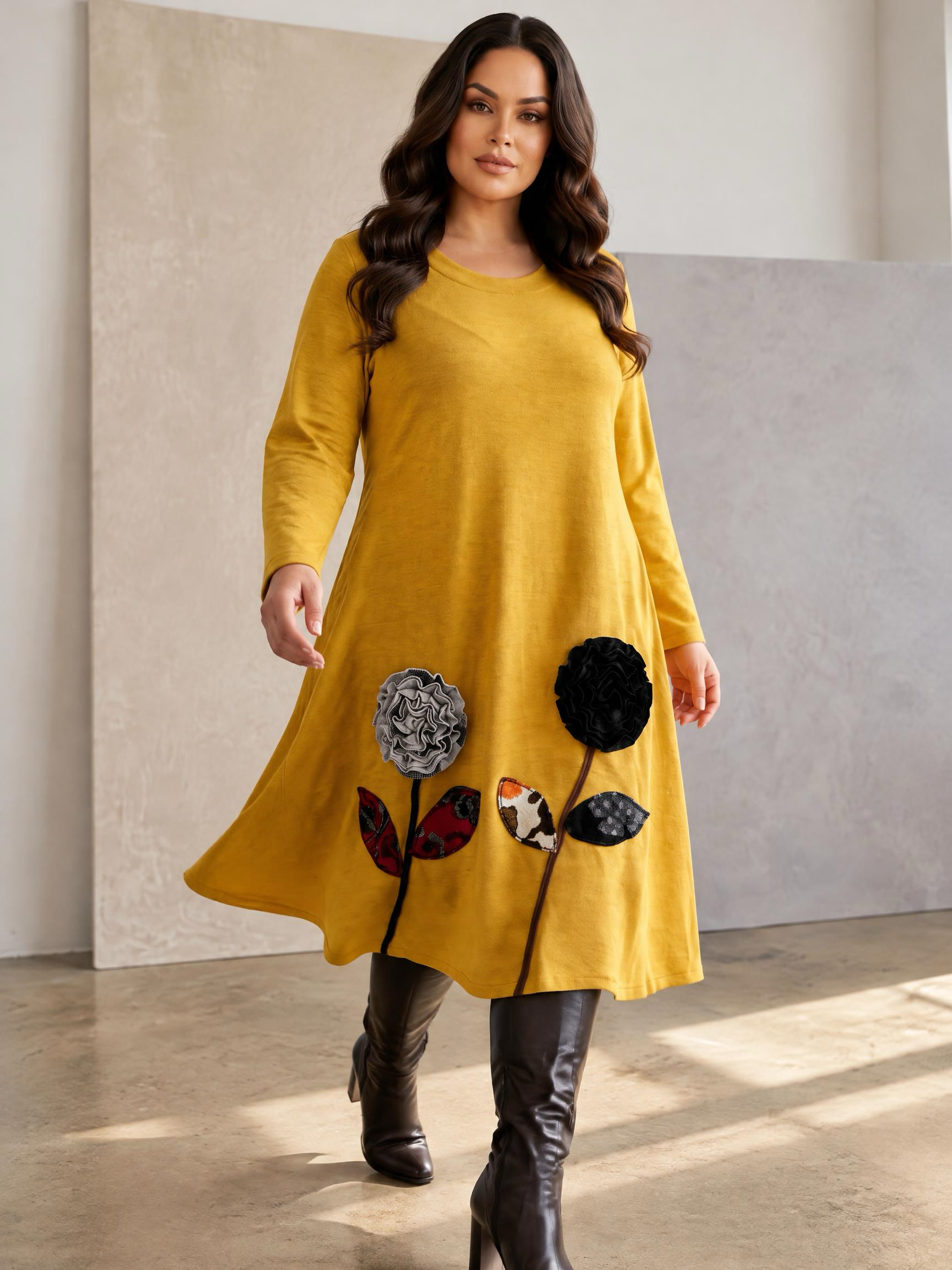 Rochie groasă evazată galbenă cu flori 3D