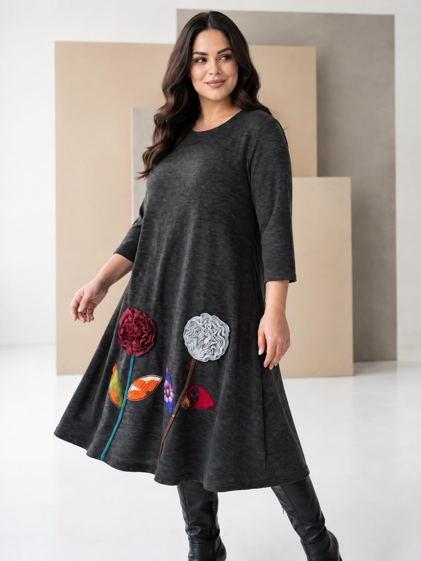 Rochie groasă evazată de culoare grafit cu flori 3D