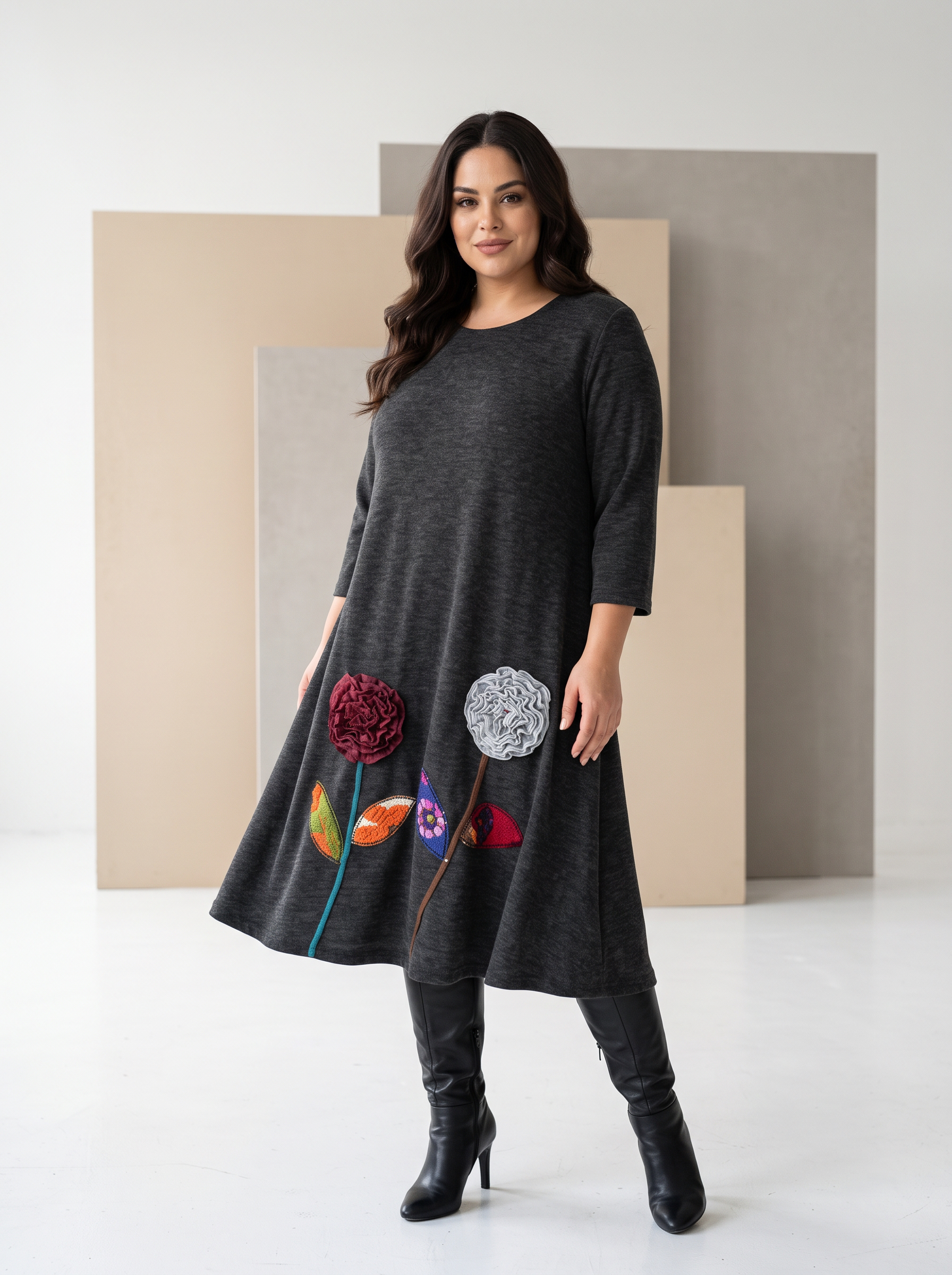 Rochie groasă evazată de culoare grafit cu flori 3D
