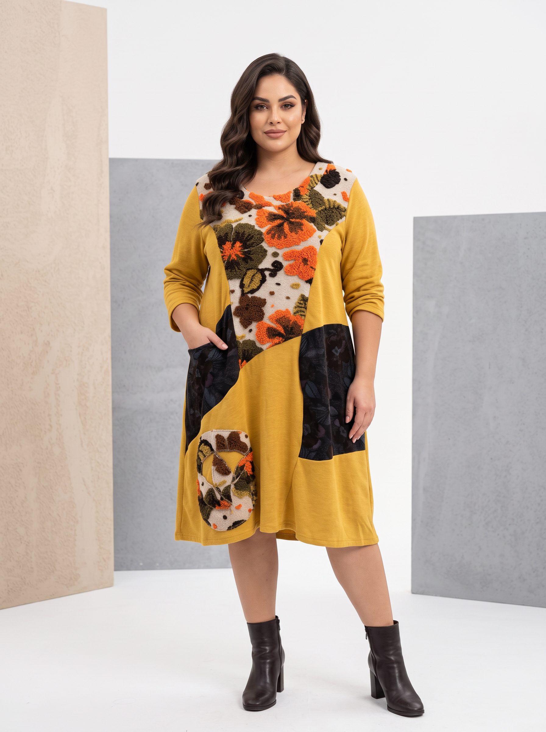 Rochie groasă de culoare muștar cu aplicații florale deosebite