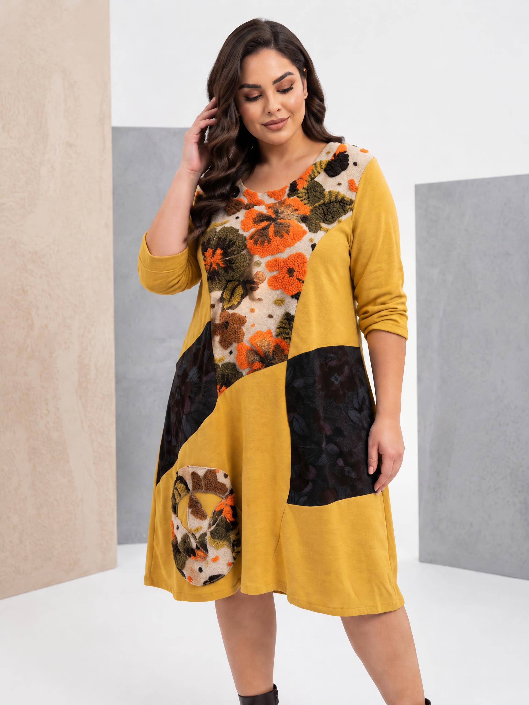 Rochie groasă de culoare muștar cu aplicații florale deosebite