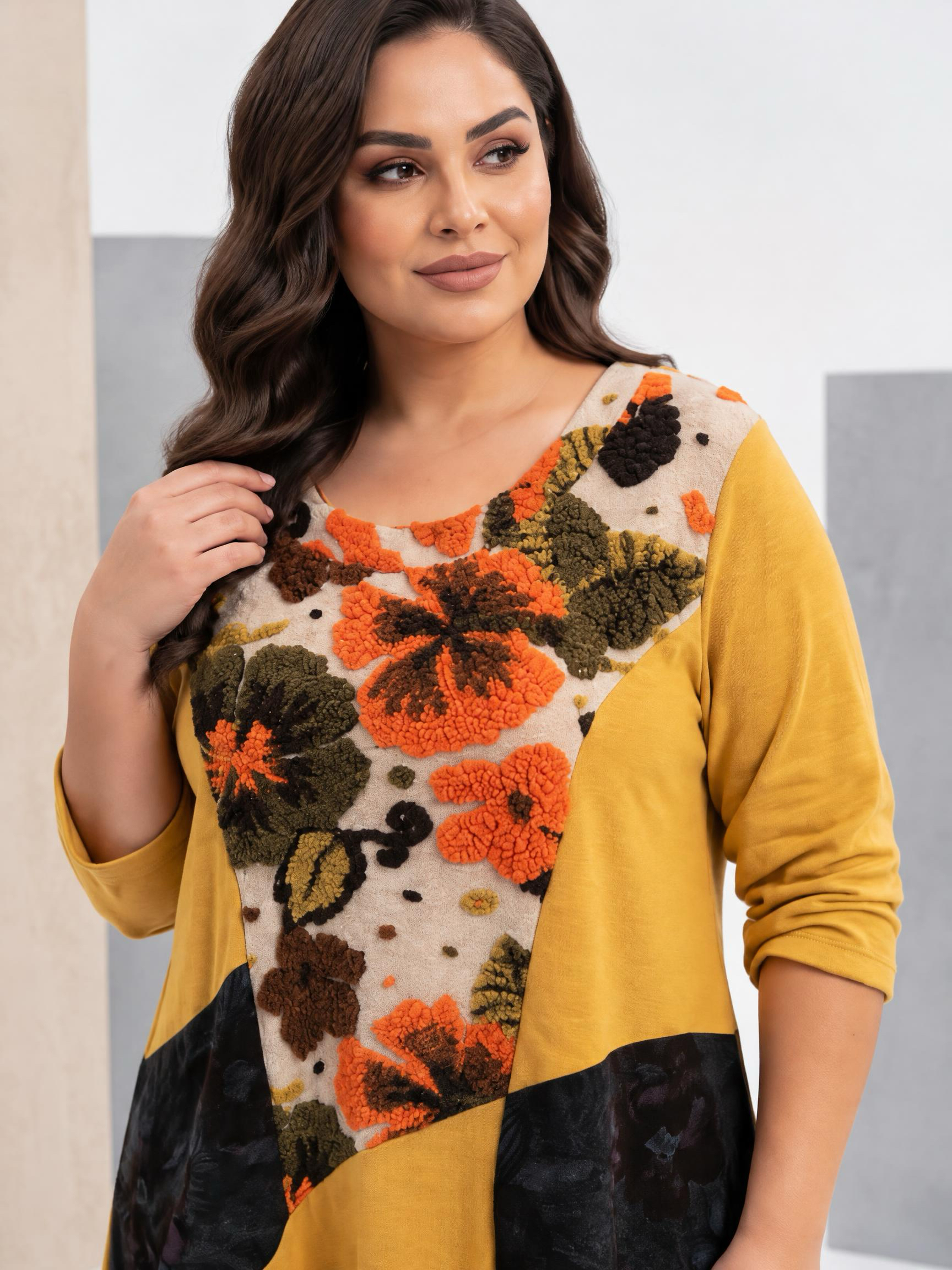 Rochie groasă de culoare muștar cu aplicații florale deosebite