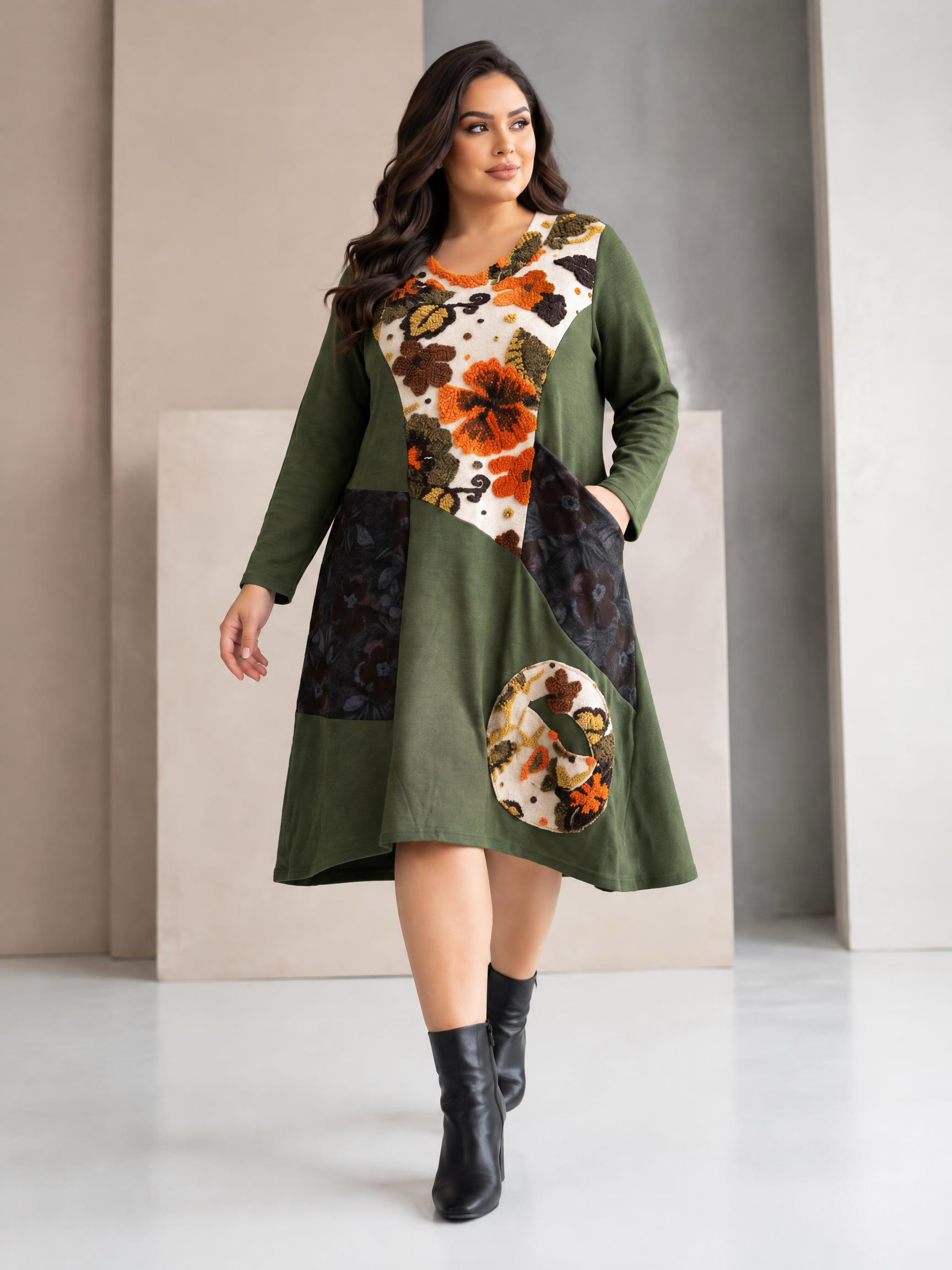 Rochie groasă verde măsliniu cu aplicații florale deosebite