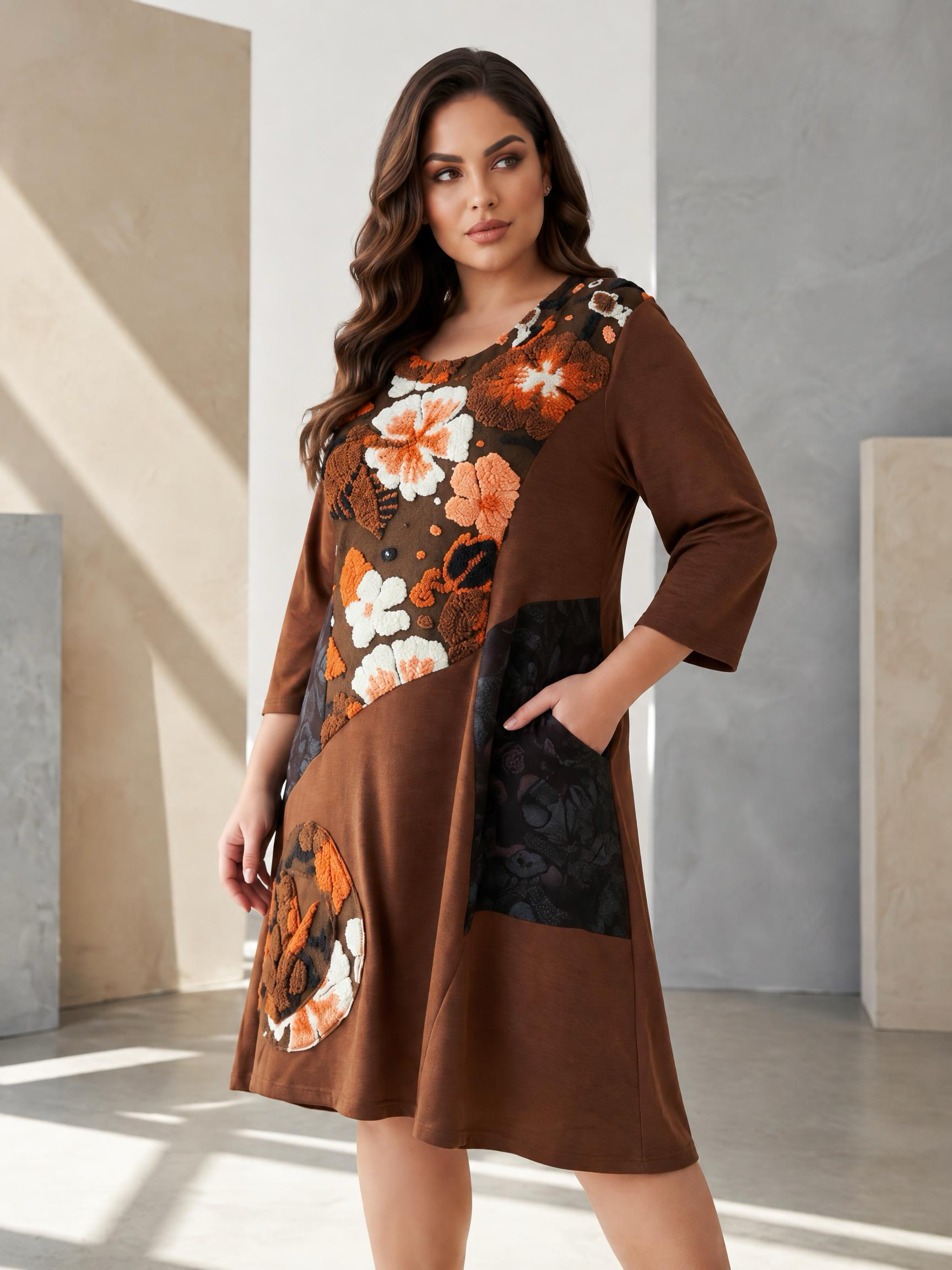 Rochie groasă maro cu aplicații florale deosebite