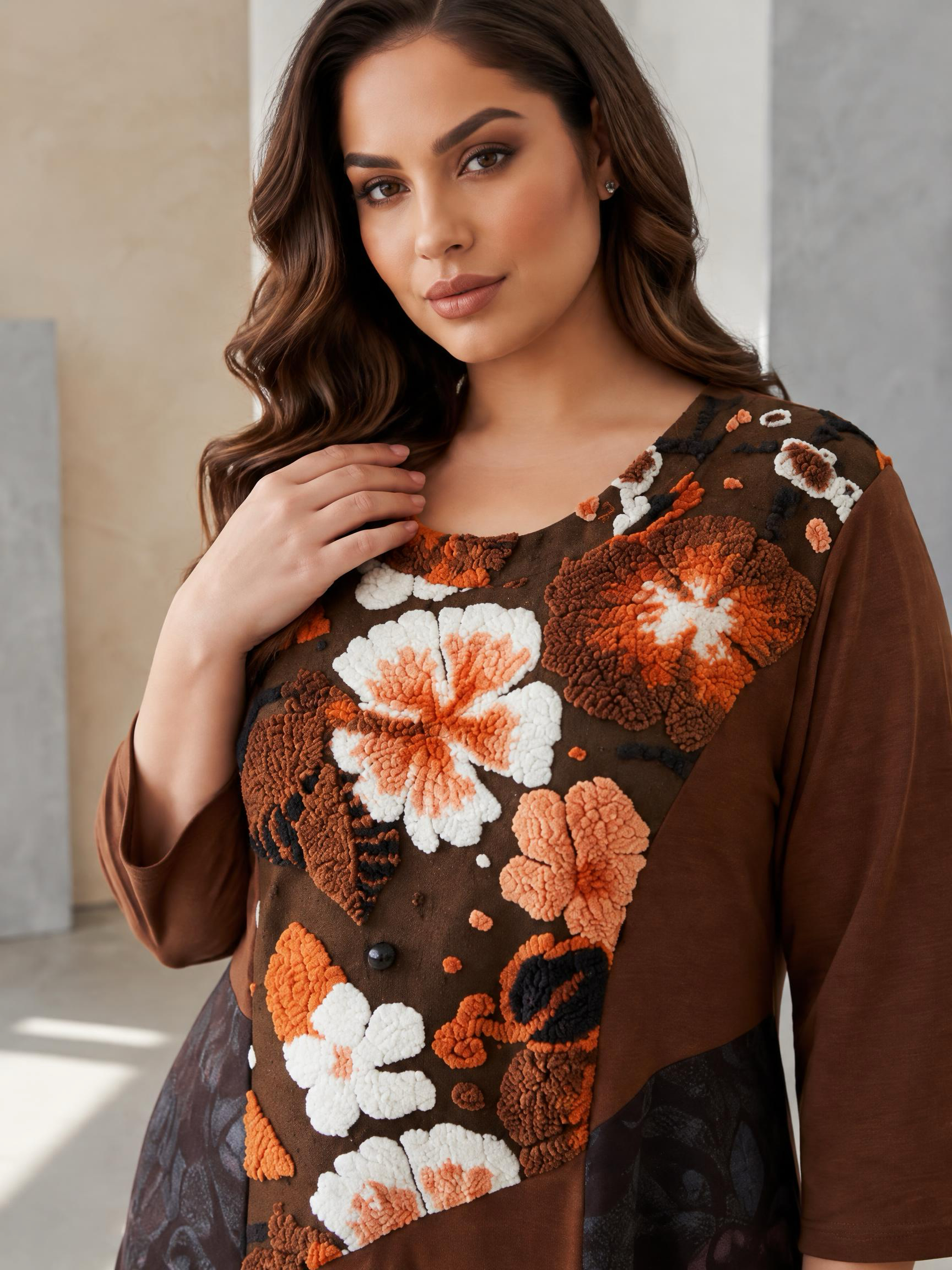 Rochie groasă maro cu aplicații florale deosebite