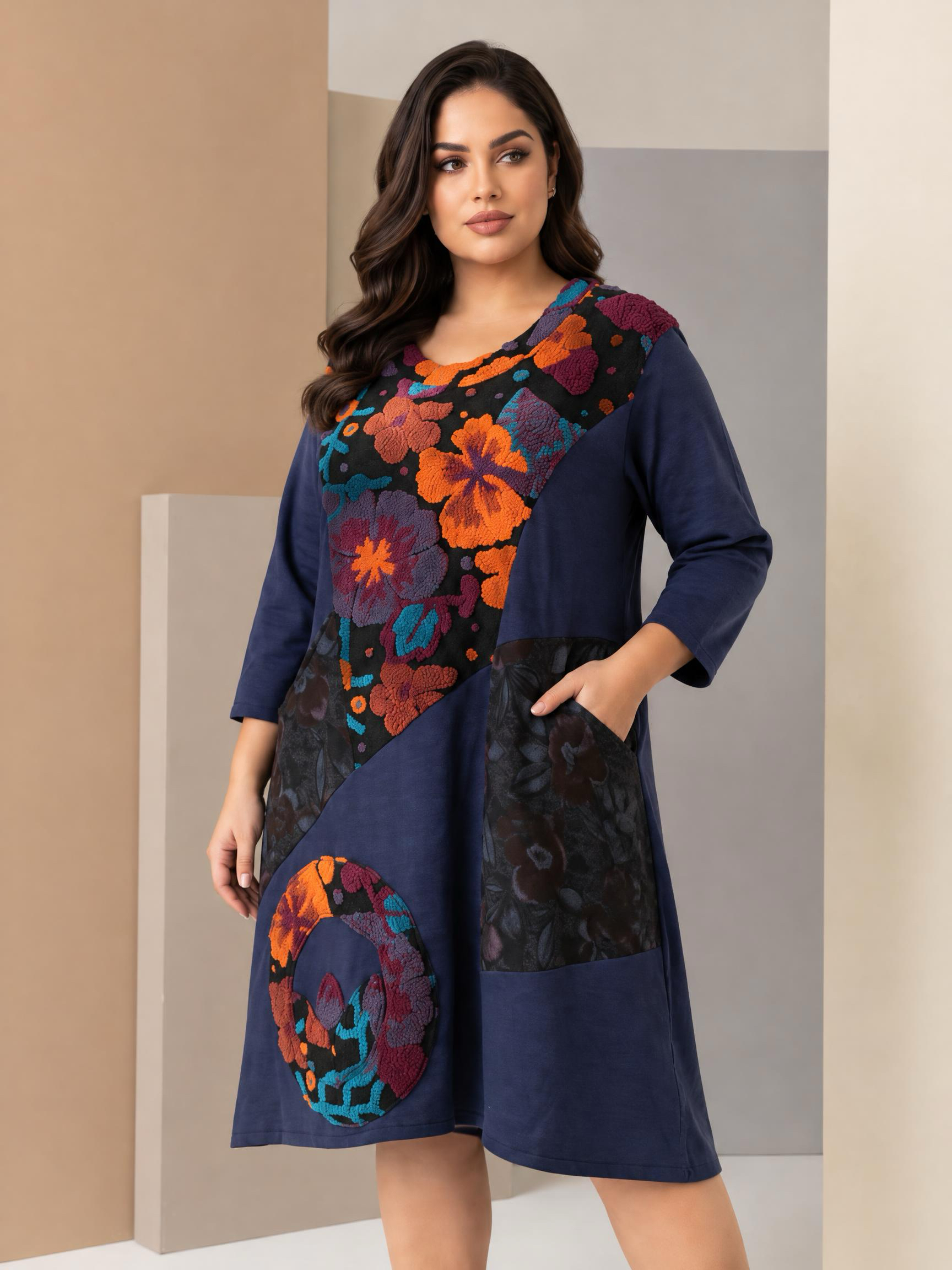 Rochie groasă bleumarin cu aplicații florale deosebite