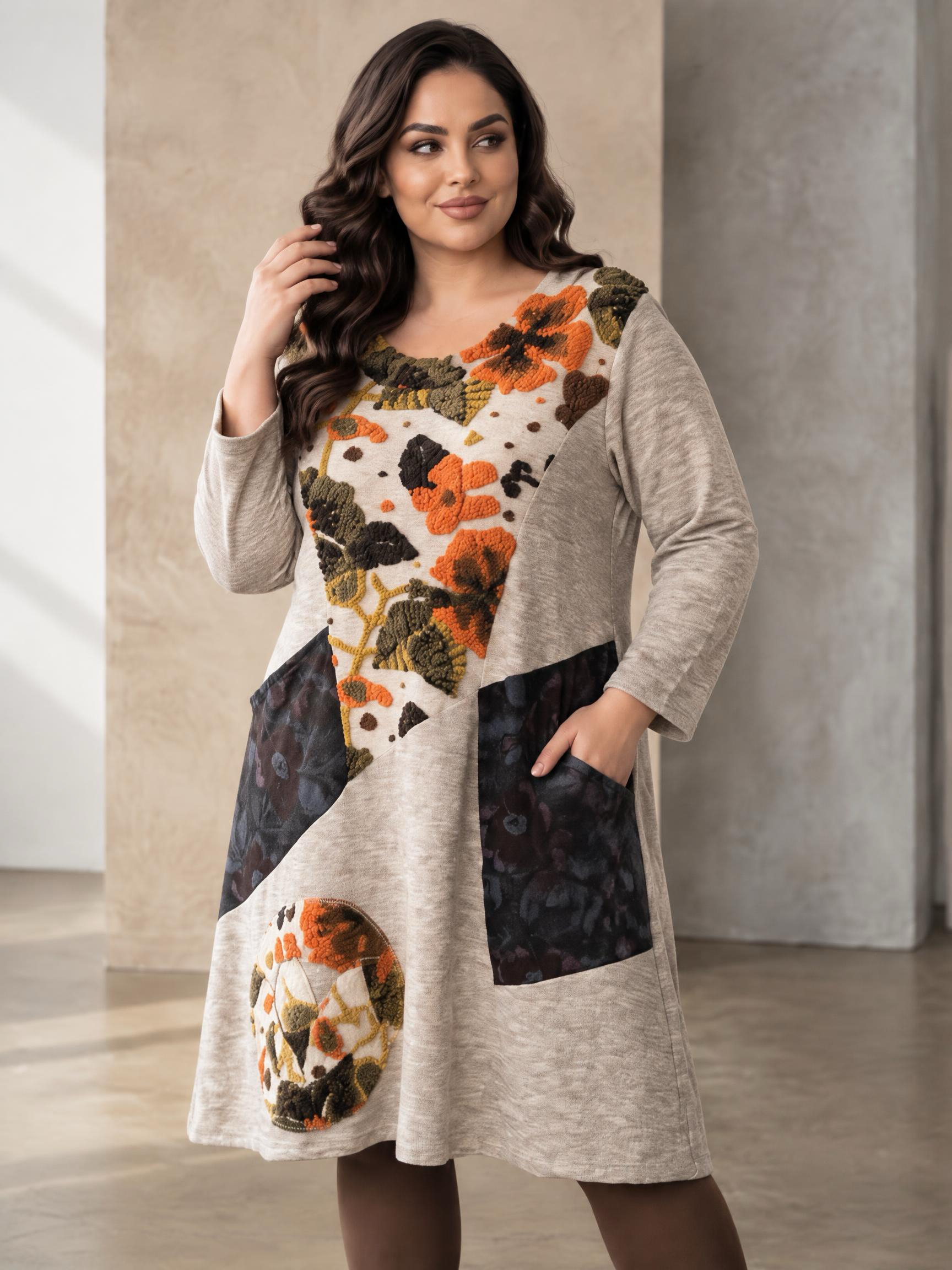 Rochie groasă de culoare mocha cu ornamente florale