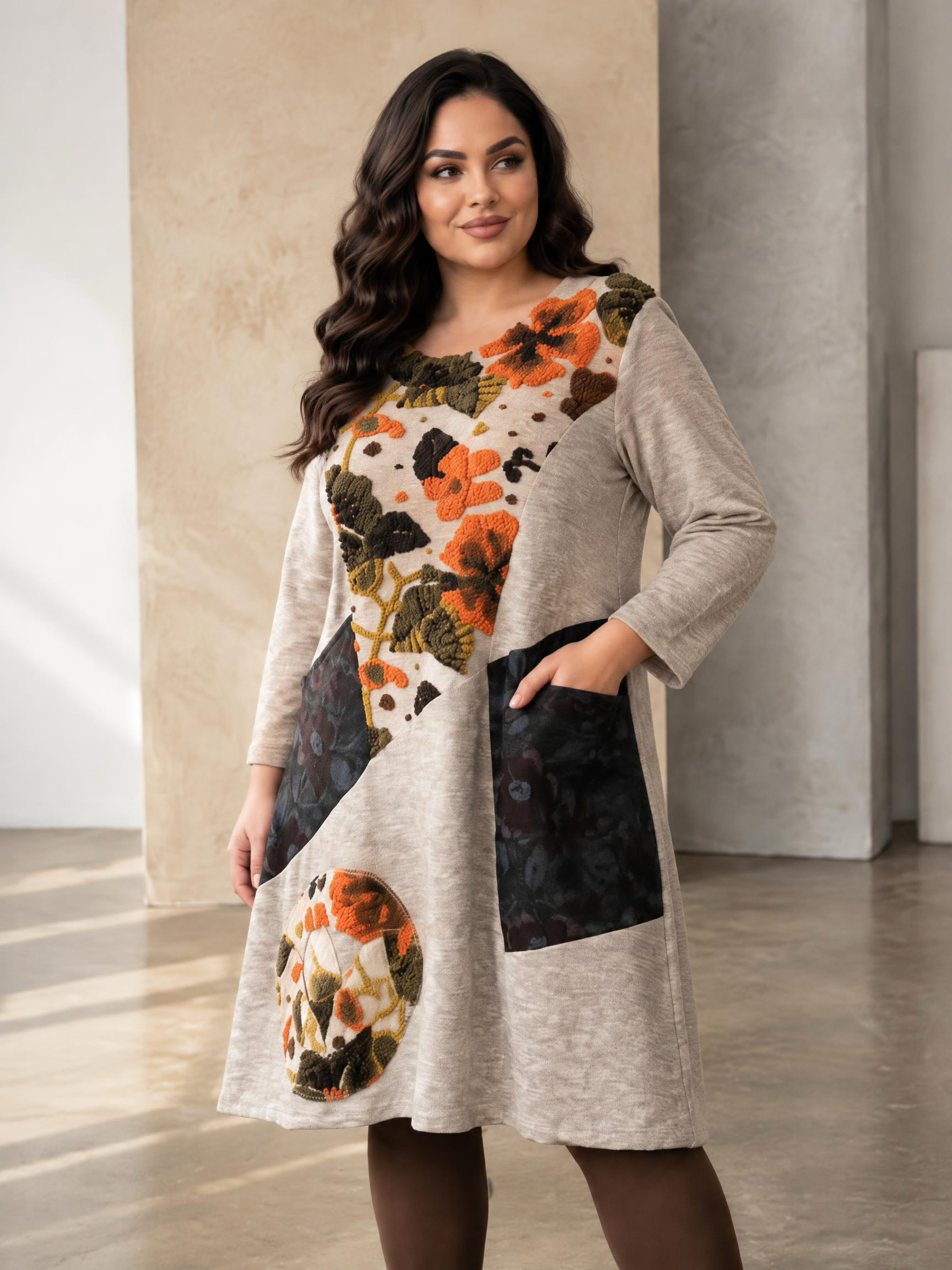 Rochie groasă de culoare mocha cu ornamente florale