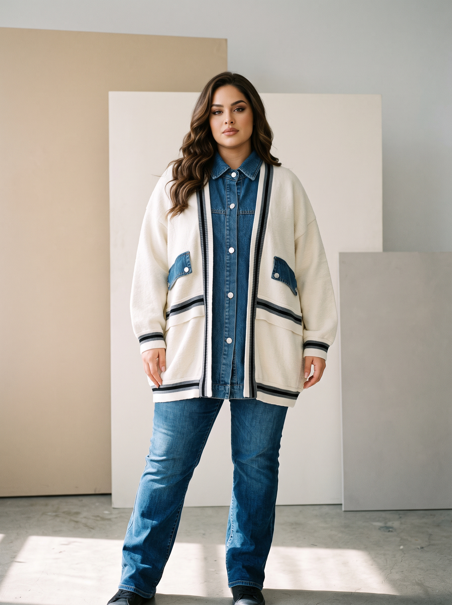 Cardigan de damă din tricot gros alb cu inserții din denim