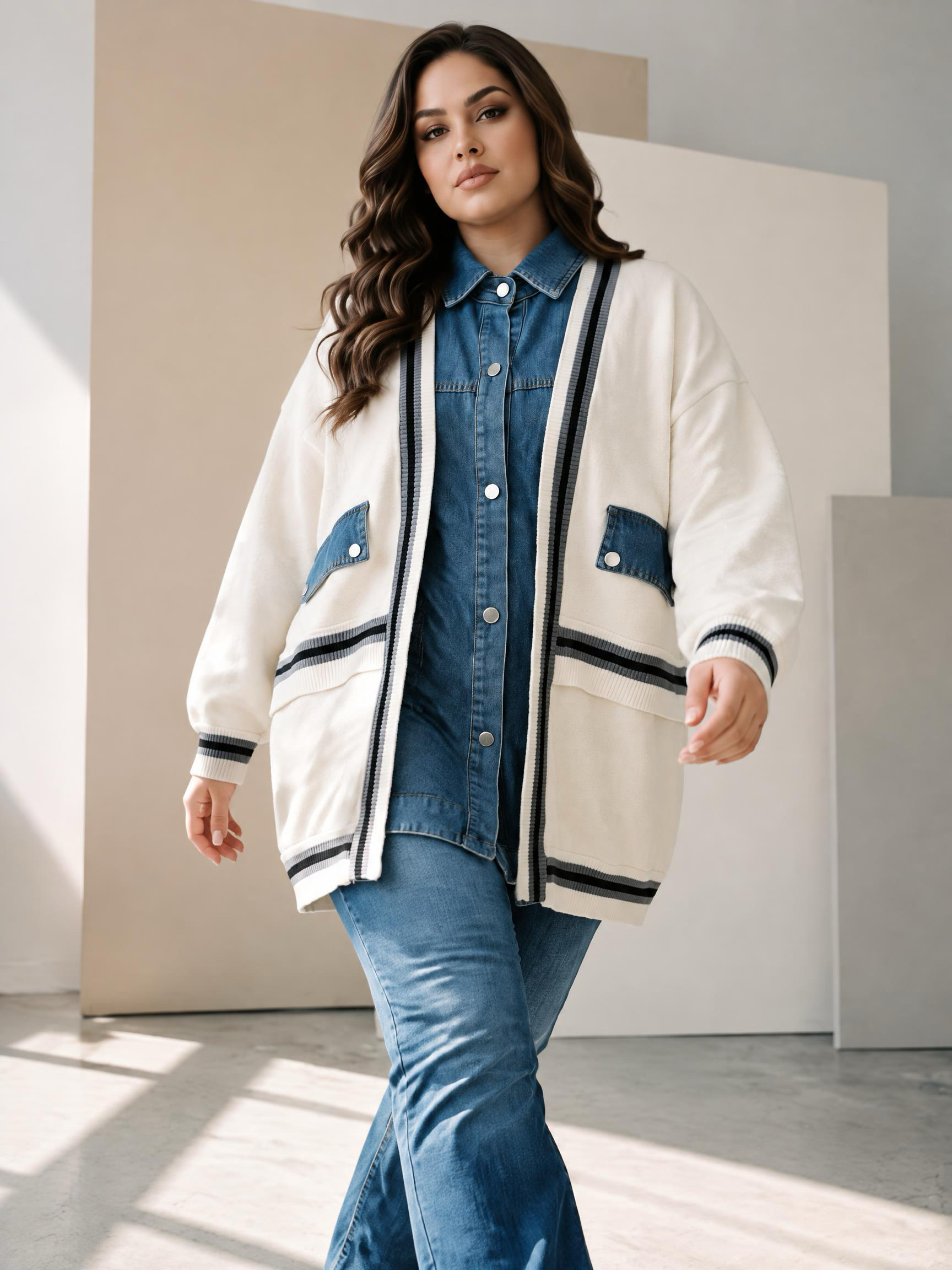 Cardigan de damă din tricot gros alb cu inserții din denim