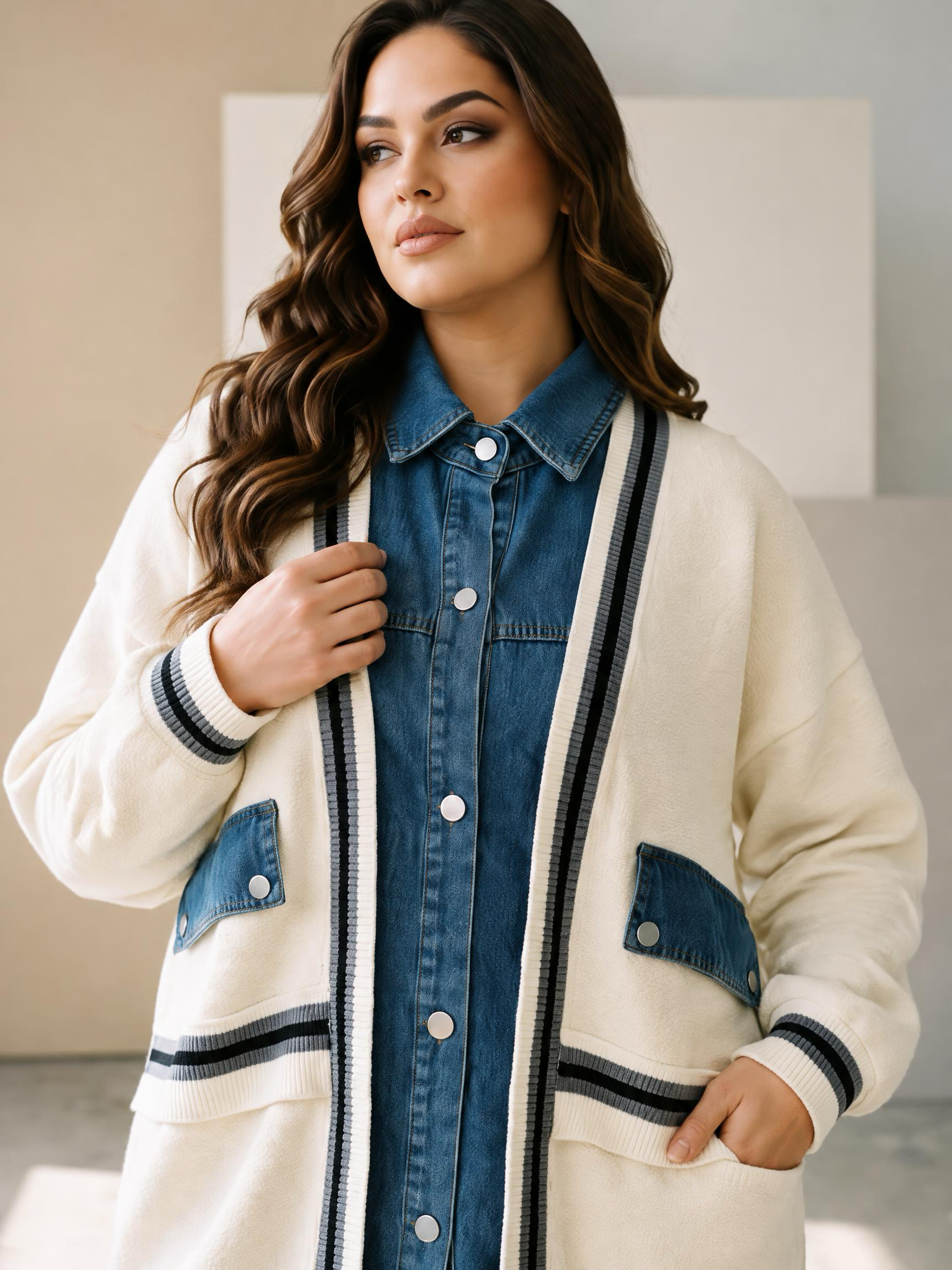 Cardigan de damă din tricot gros alb cu inserții din denim