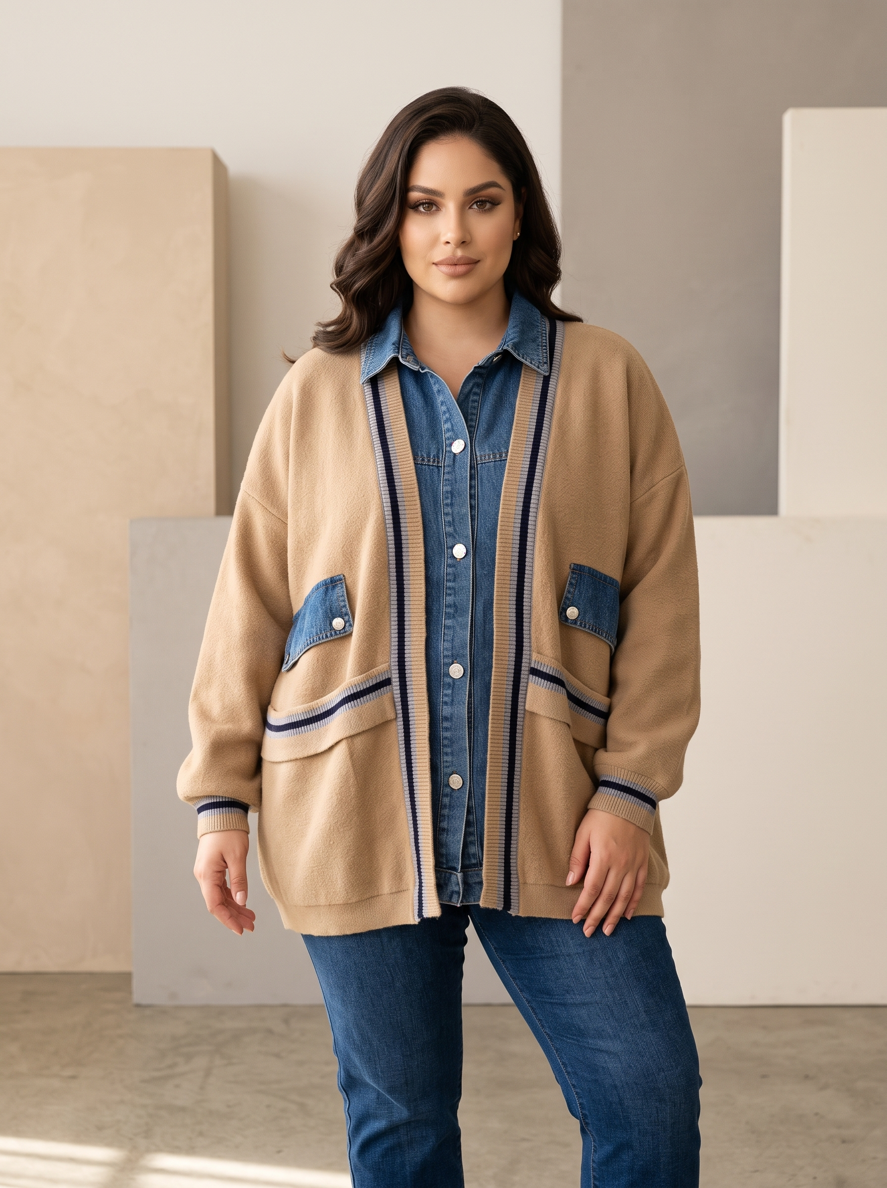 Cardigan de damă din tricot gros în culoarea mocha cu inserții din denim