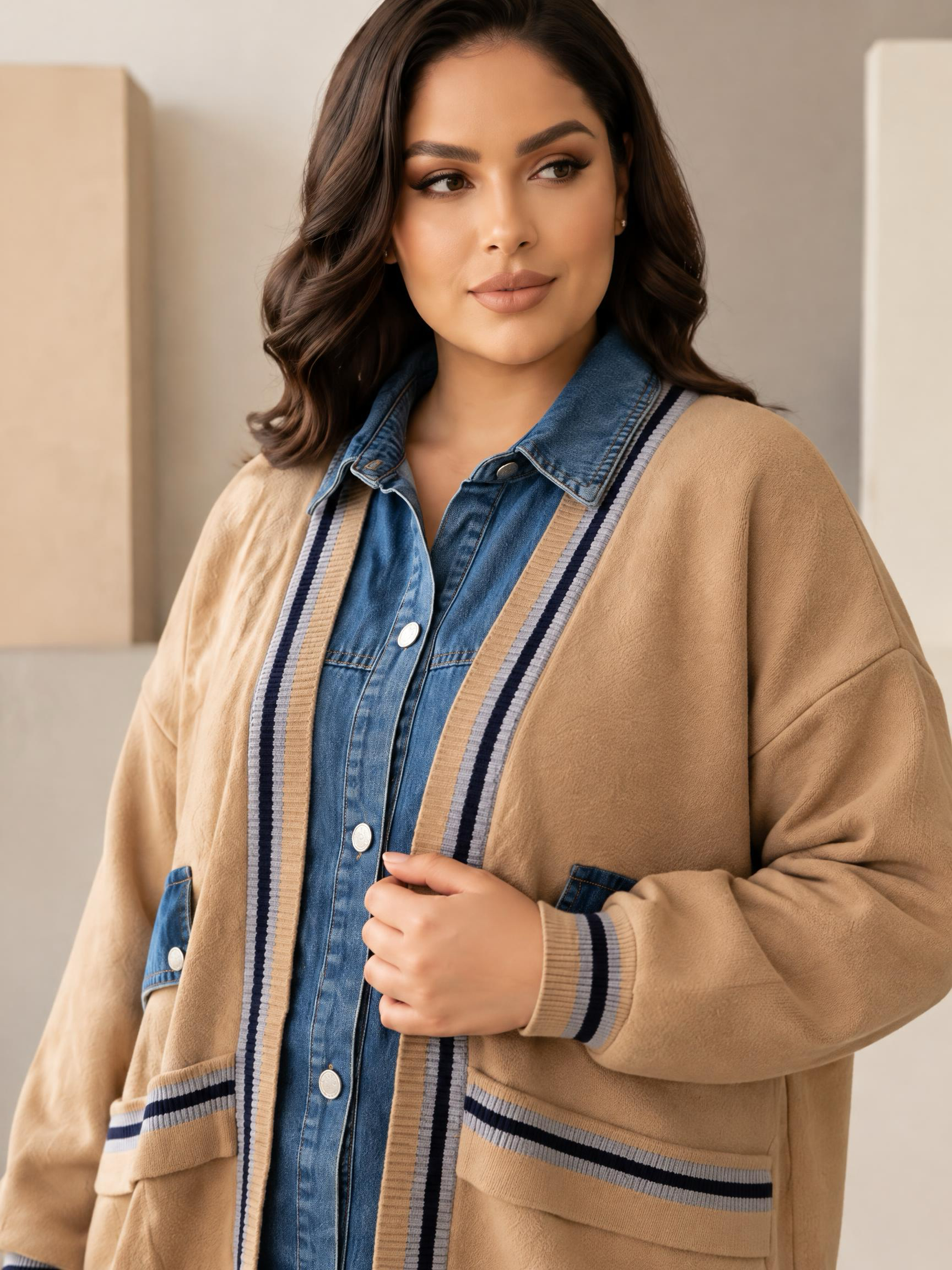 Cardigan de damă din tricot gros în culoarea mocha cu inserții din denim