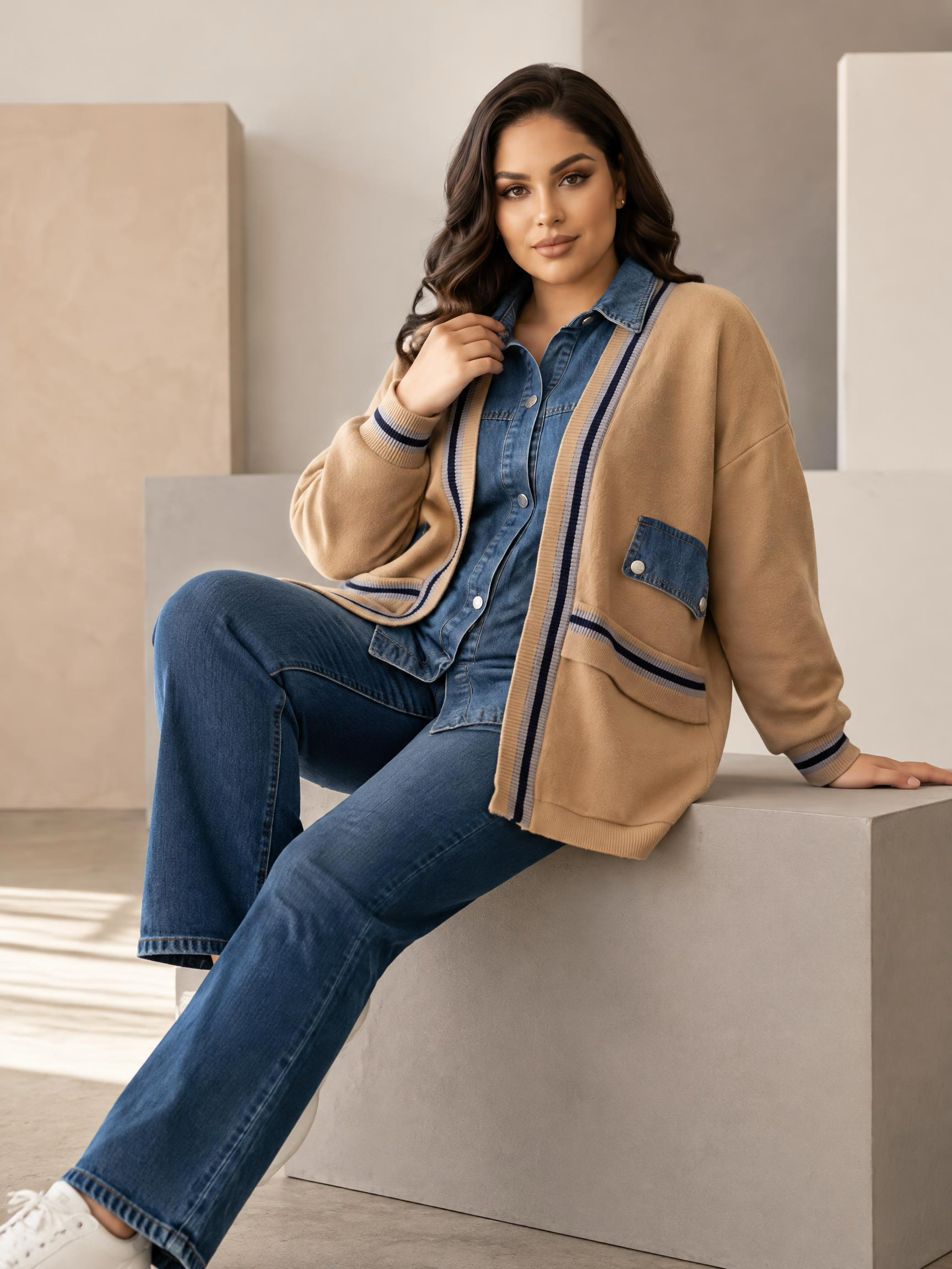 Cardigan de damă din tricot gros în culoarea mocha cu inserții din denim