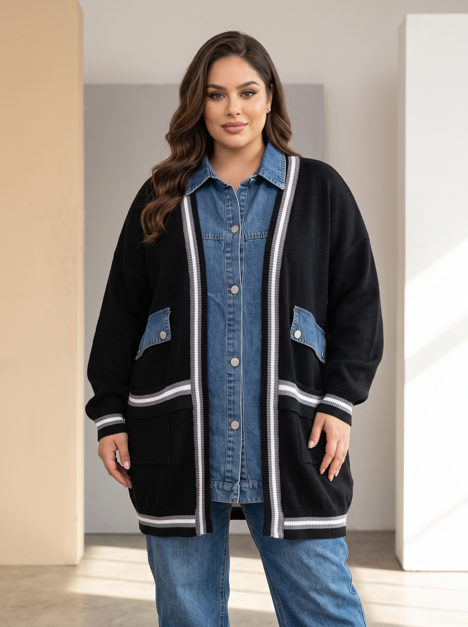 Cardigan de damă din tricot gros negru cu inserții din denim