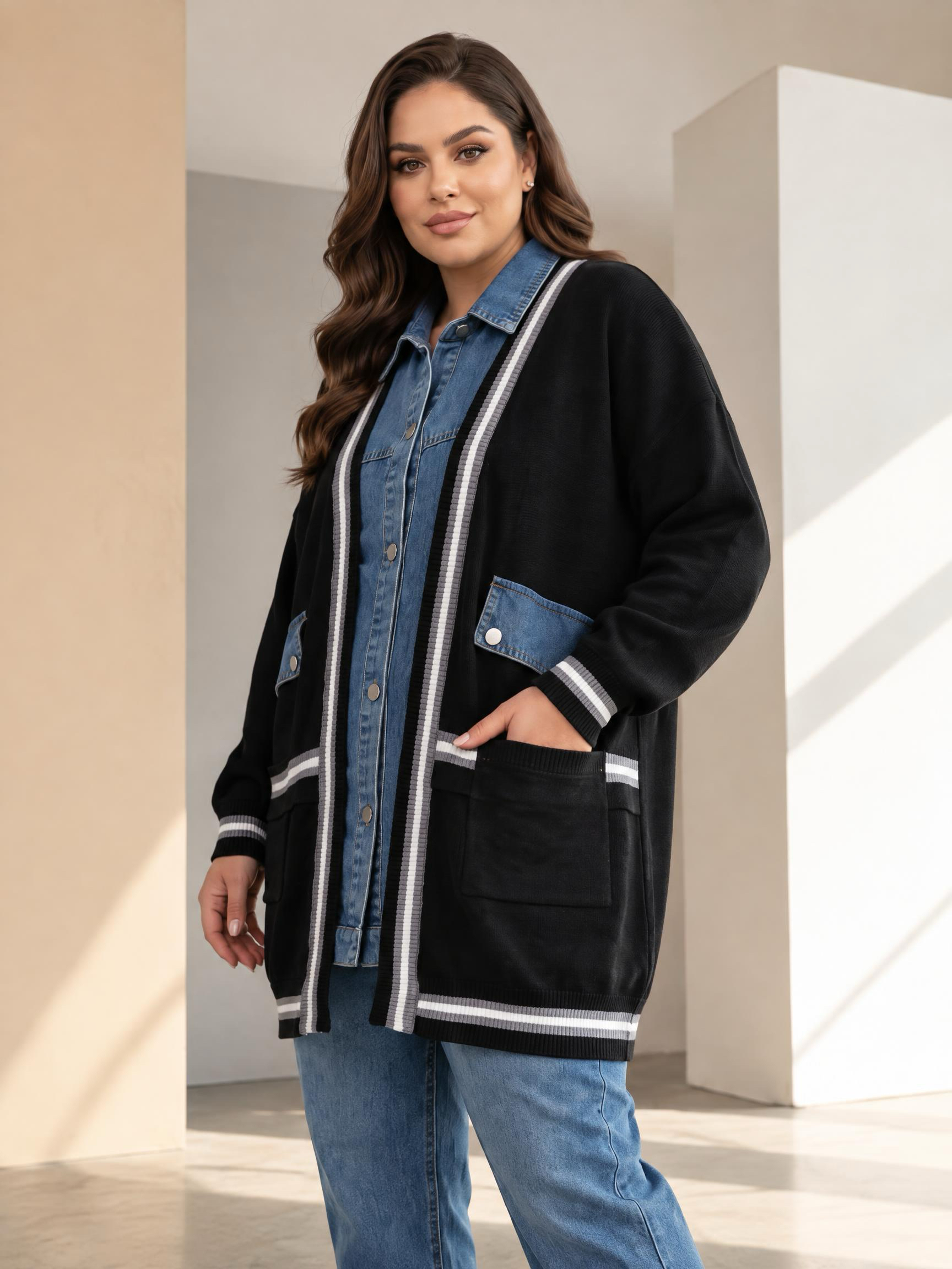 Cardigan de damă din tricot gros negru cu inserții din denim