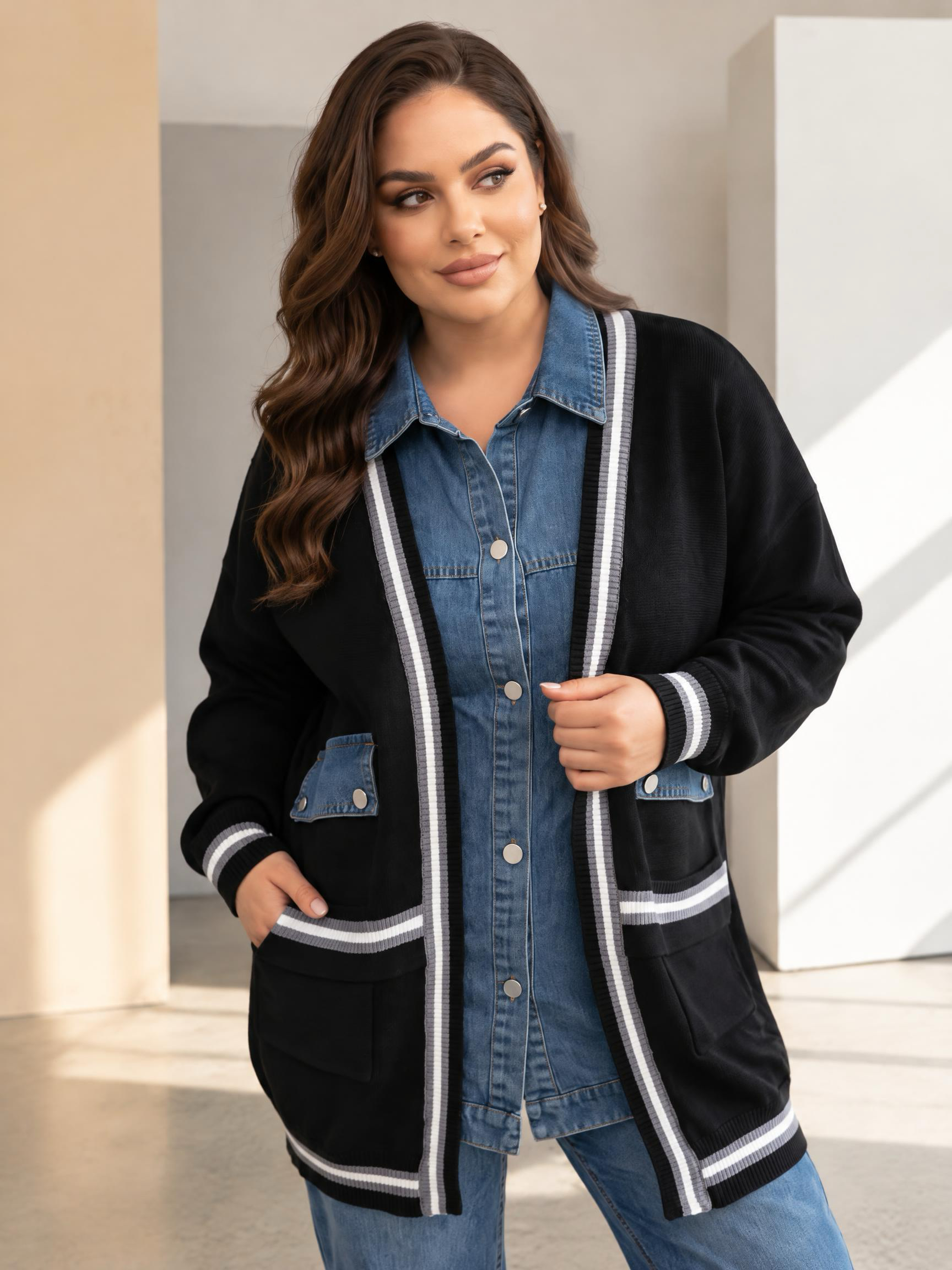 Cardigan de damă din tricot gros negru cu inserții din denim