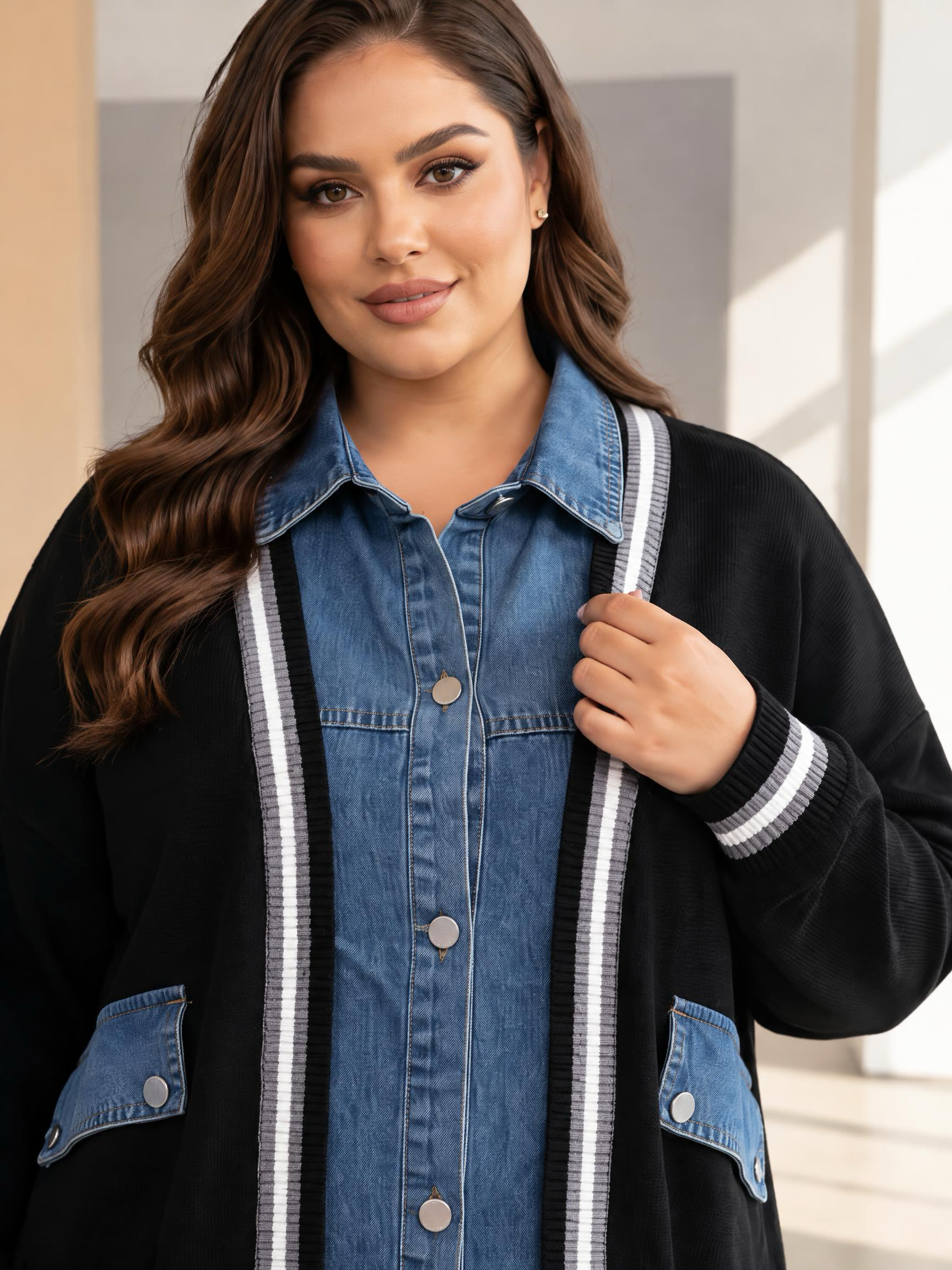 Cardigan de damă din tricot gros negru cu inserții din denim