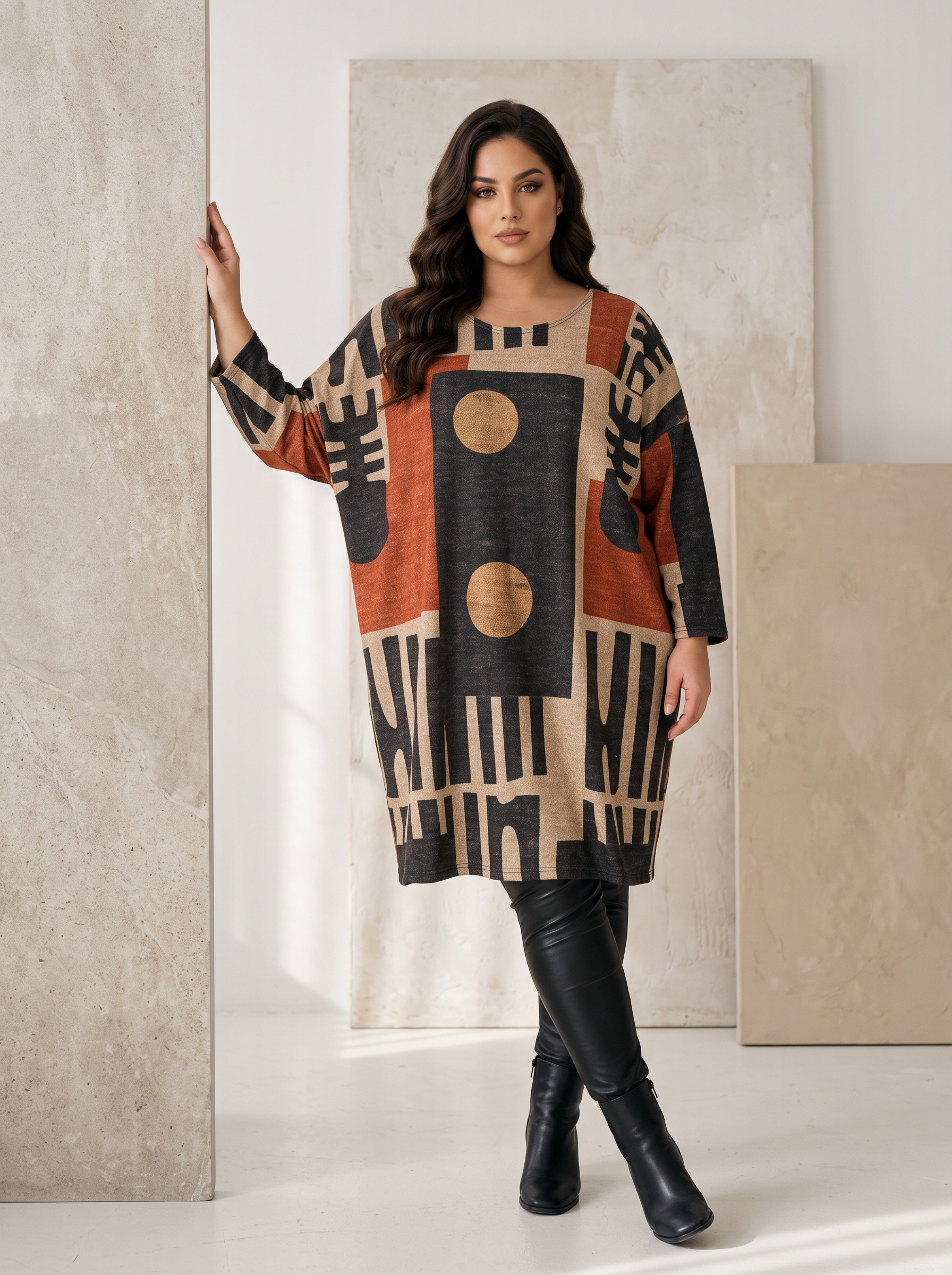 Tunică maxi elegantă cu împrimeu geometric modern