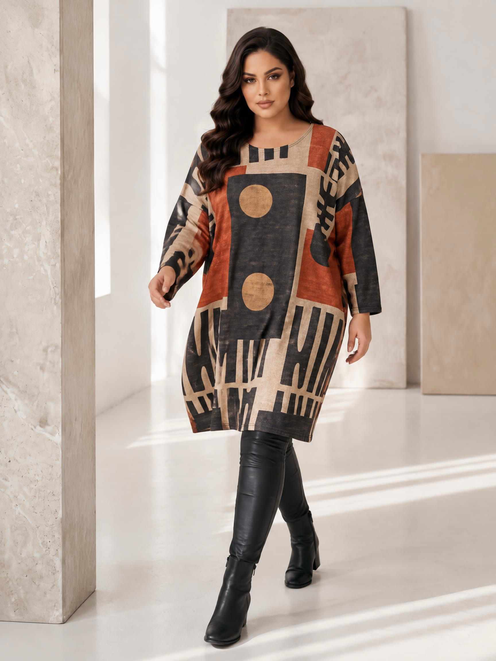 Tunică maxi elegantă cu împrimeu geometric modern