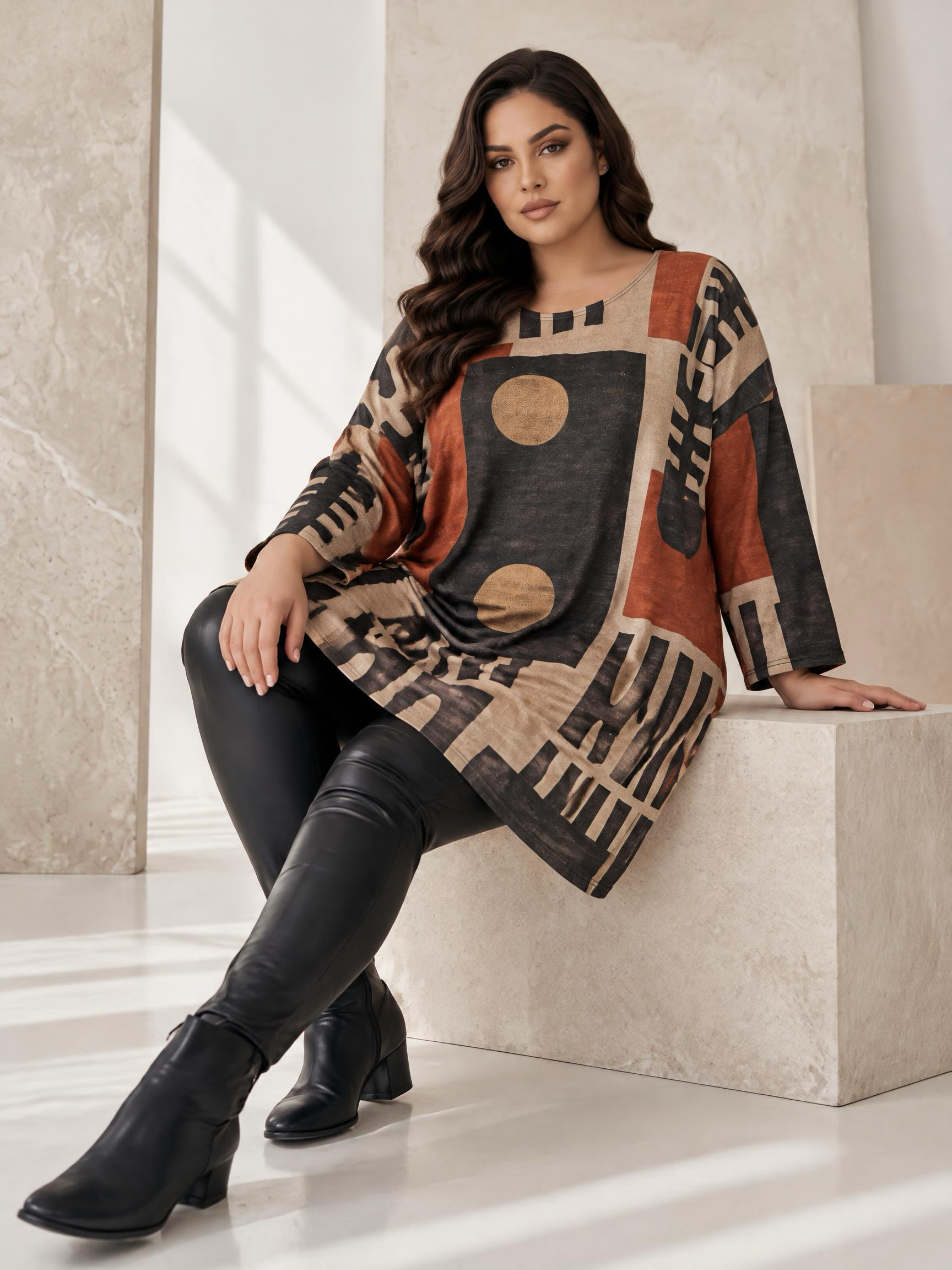 Tunică maxi elegantă cu împrimeu geometric modern