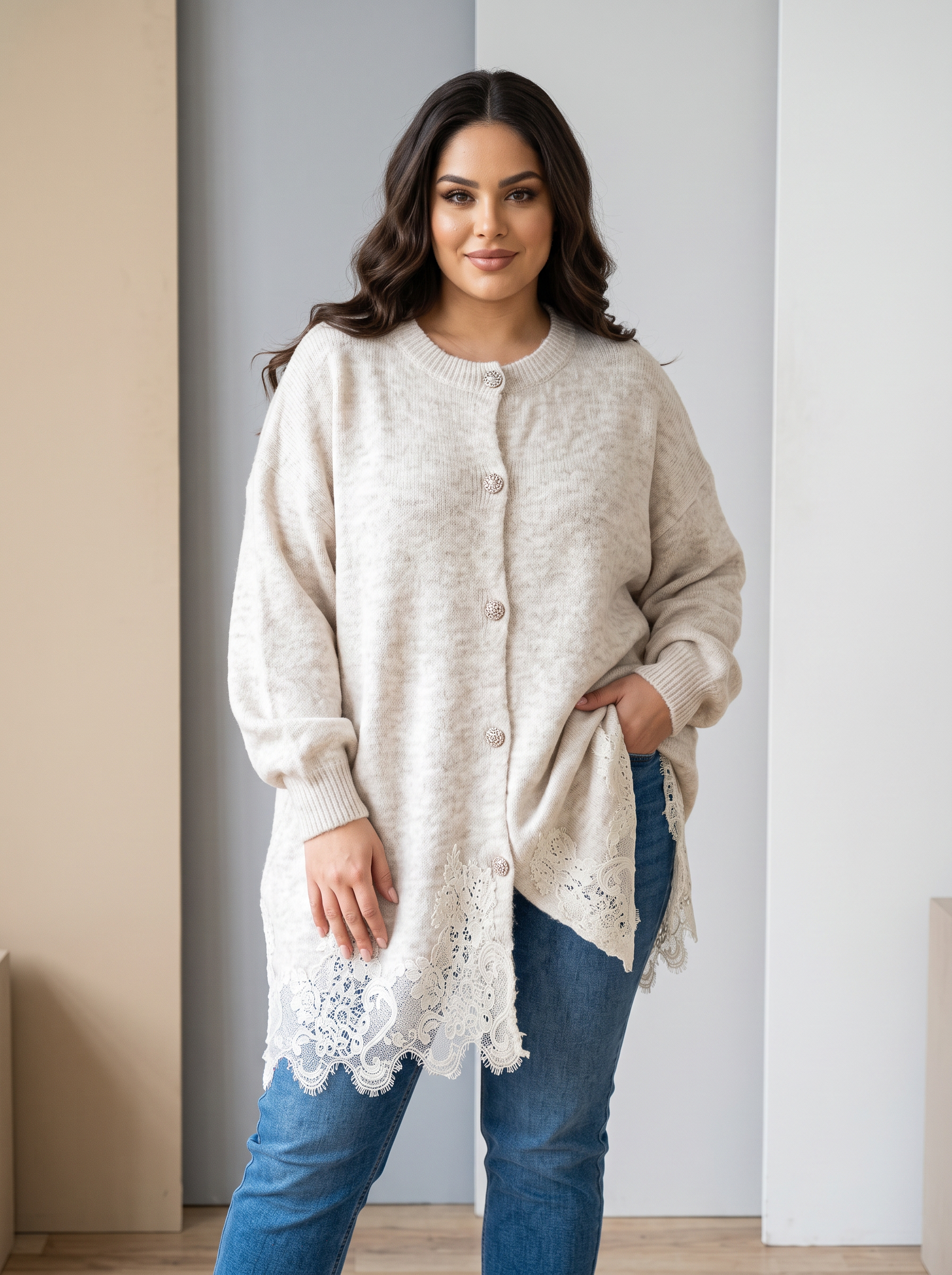Cardigan maxi delicat în nuanță crem cu dantelă fină
