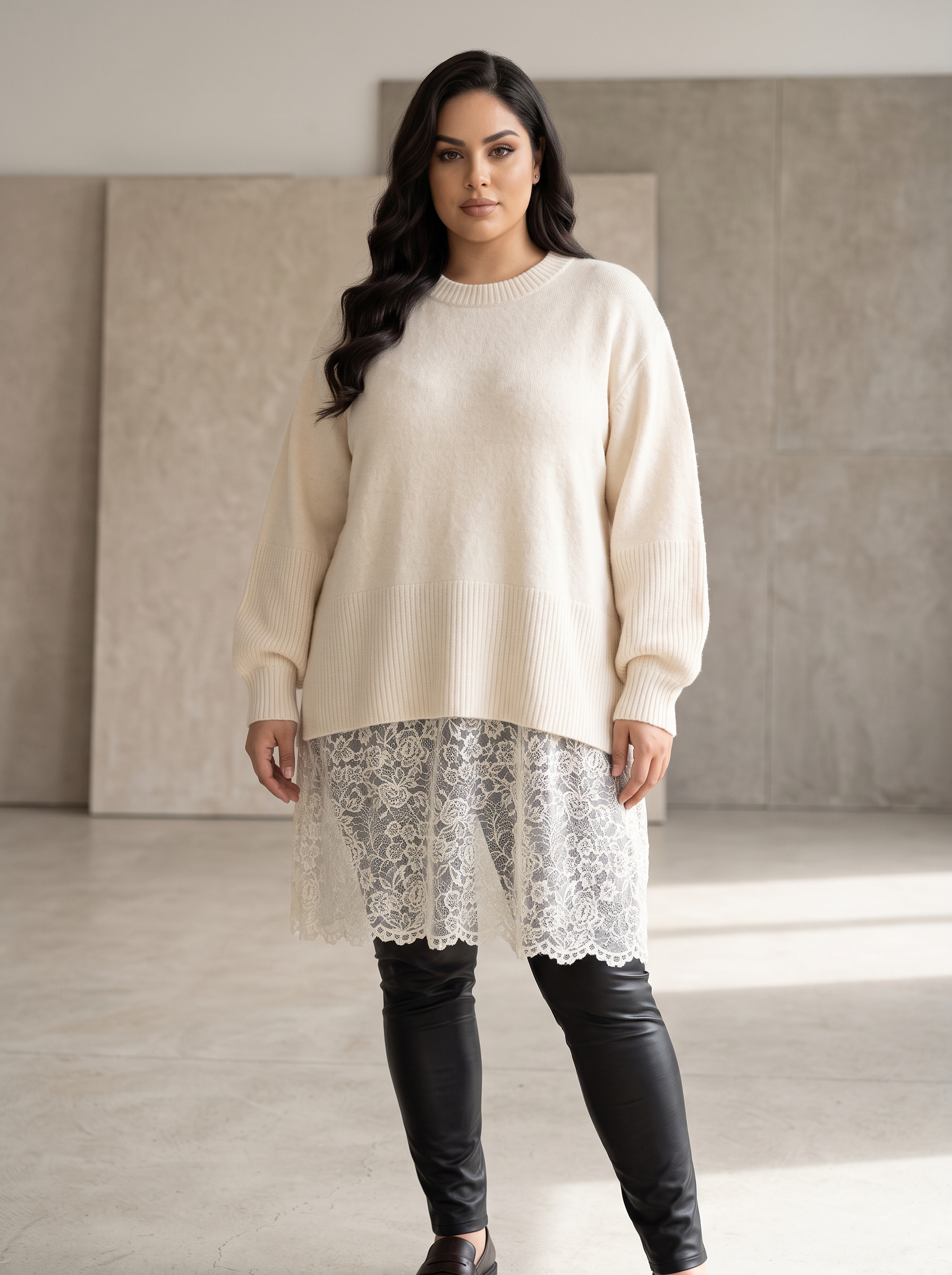Tunică lungă albă din tricot fin cu dantelă