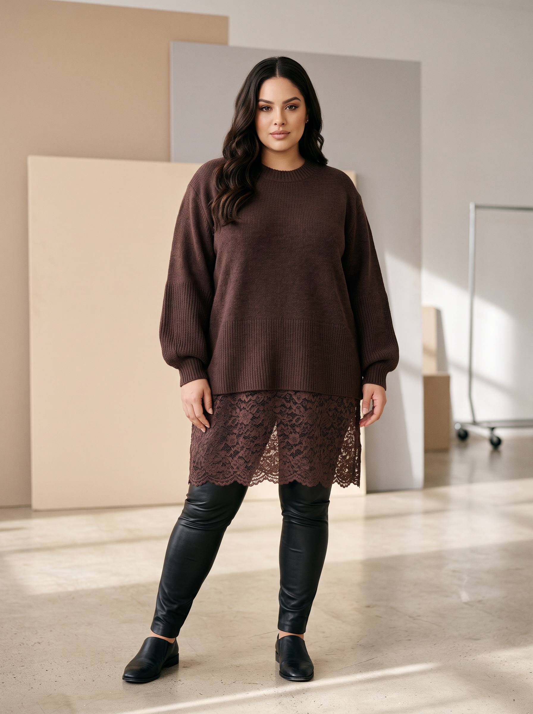 Tunică lungă maro din tricot fin cu dantelă