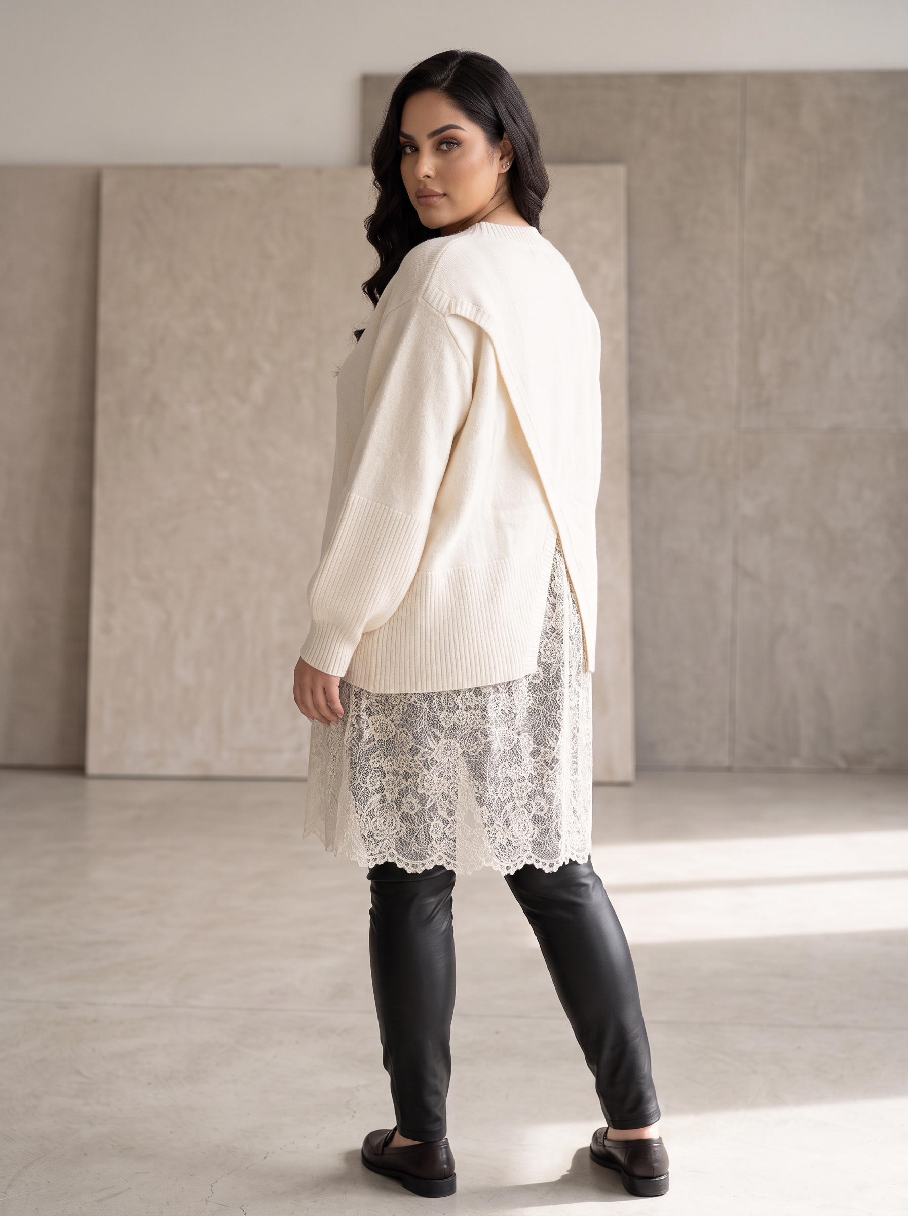 Tunică lungă albă din tricot fin cu dantelă