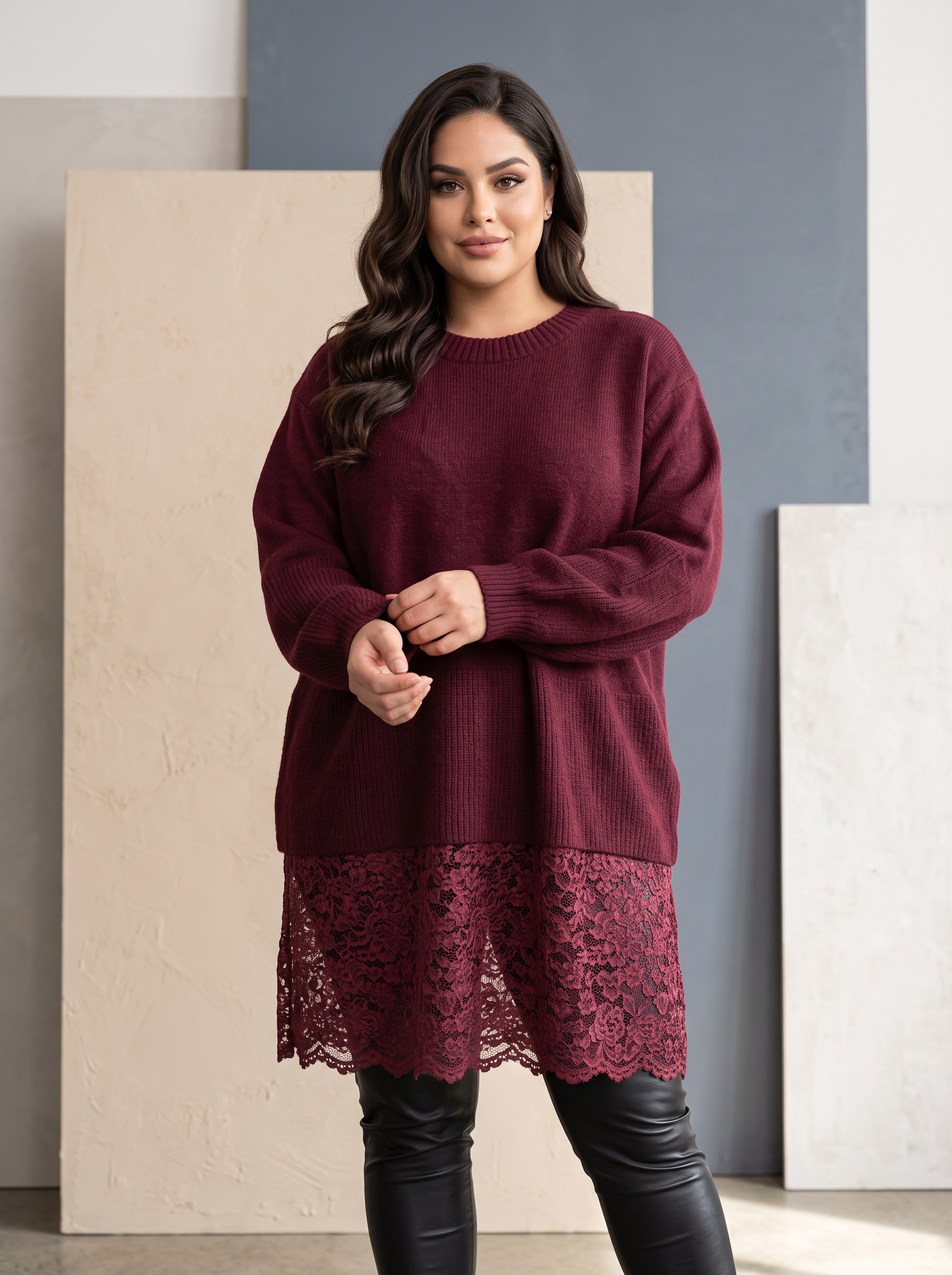 Tunică lungă bordo din tricot fin cu dantelă