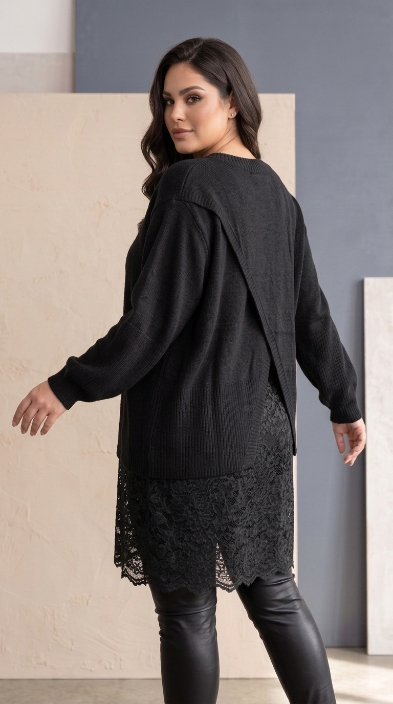 Tunică lungă neagră din tricot fin cu dantelă