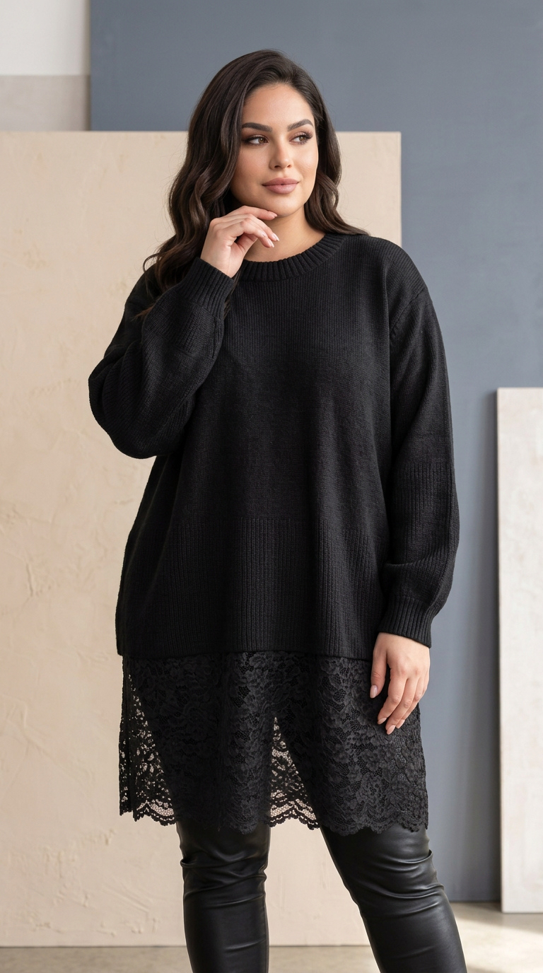 Tunică lungă neagră din tricot fin cu dantelă