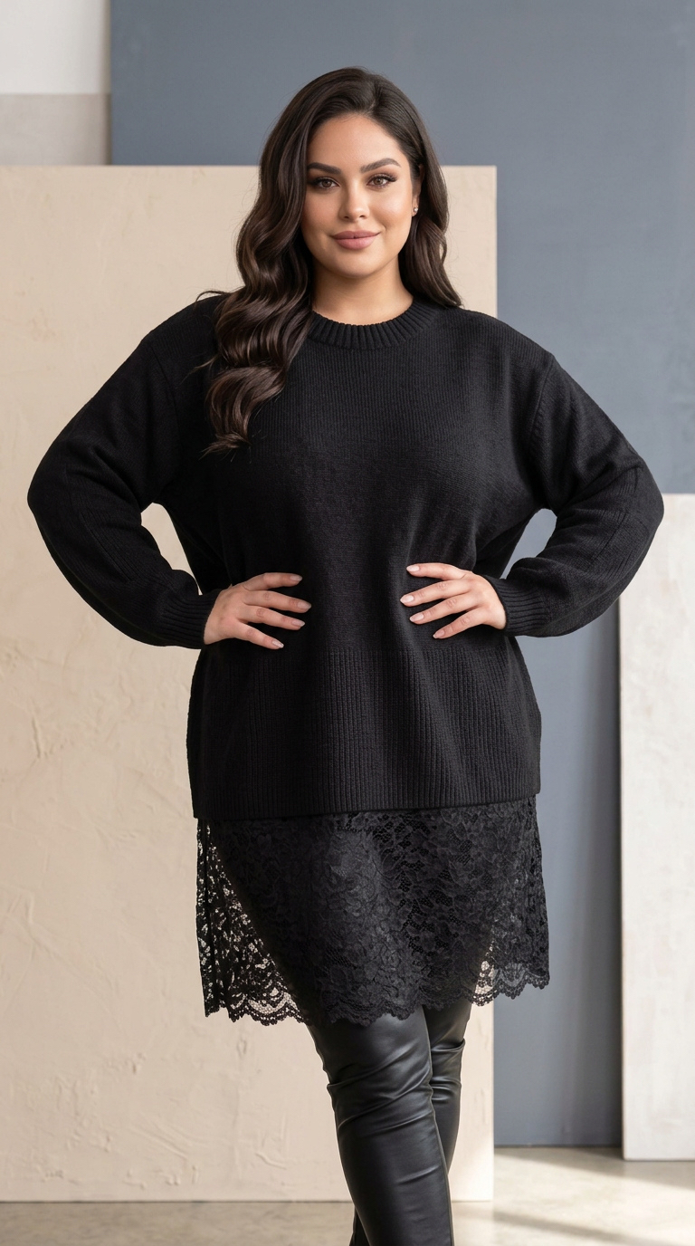 Tunică lungă neagră din tricot fin cu dantelă