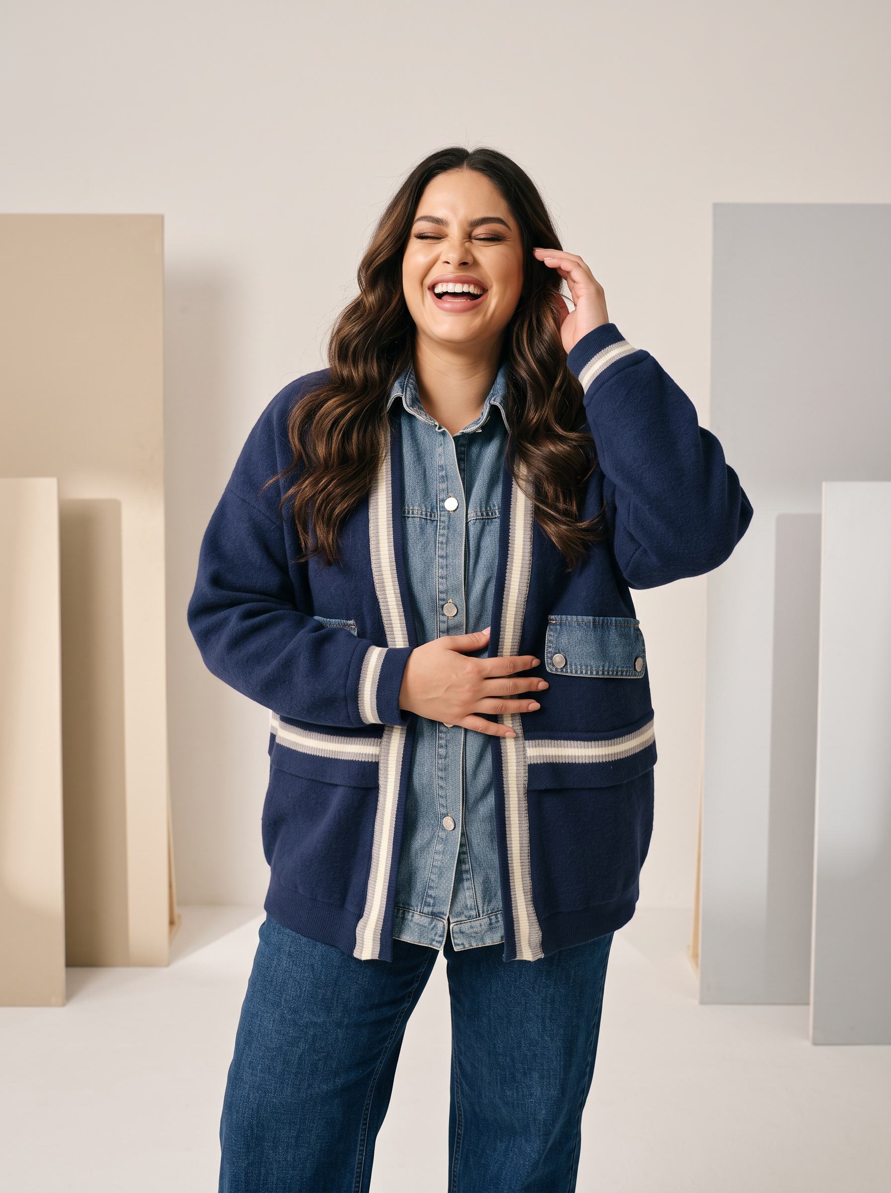 Cardigan premium bleumarin cu detalii din denim